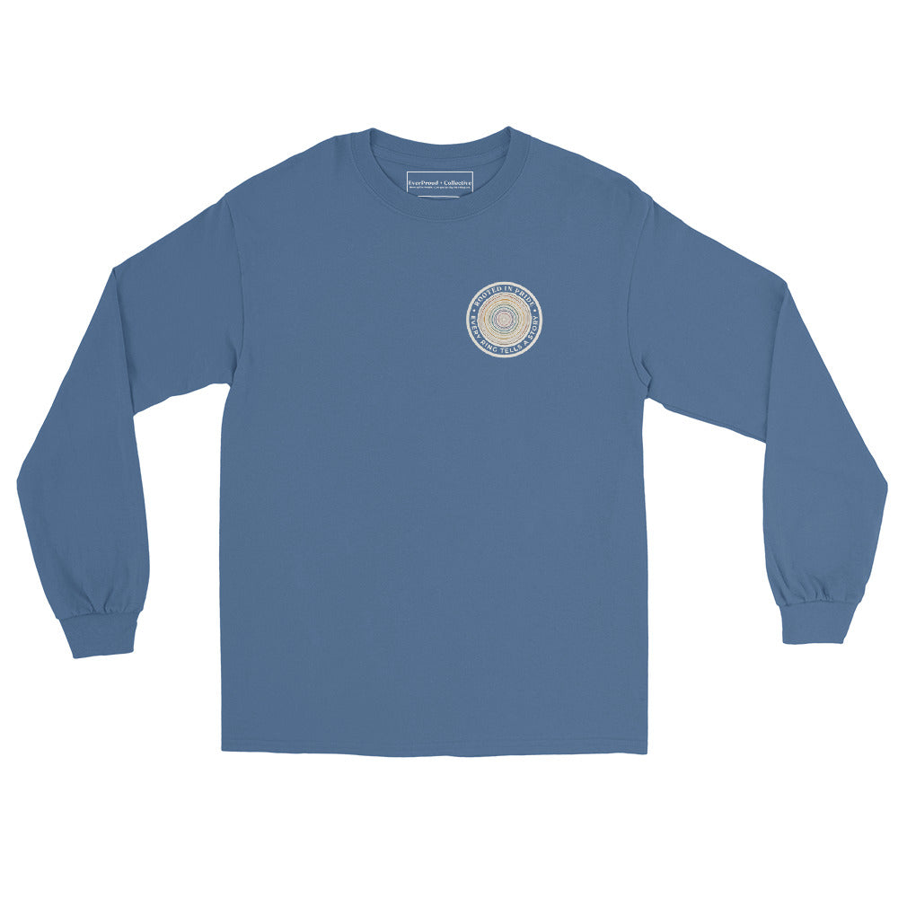 Quiet Rings Long Sleeve Tee — indigo blue, front view, queer-owned PNW Pride apparel