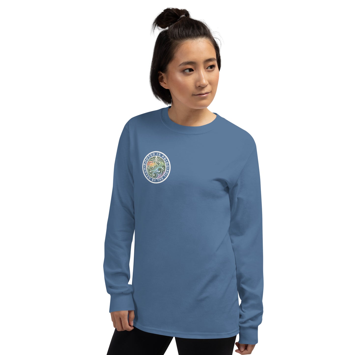 Moved by the Tide Long Sleeve Tee — indigo blue, left front view, queer-owned PNW Pride apparel
