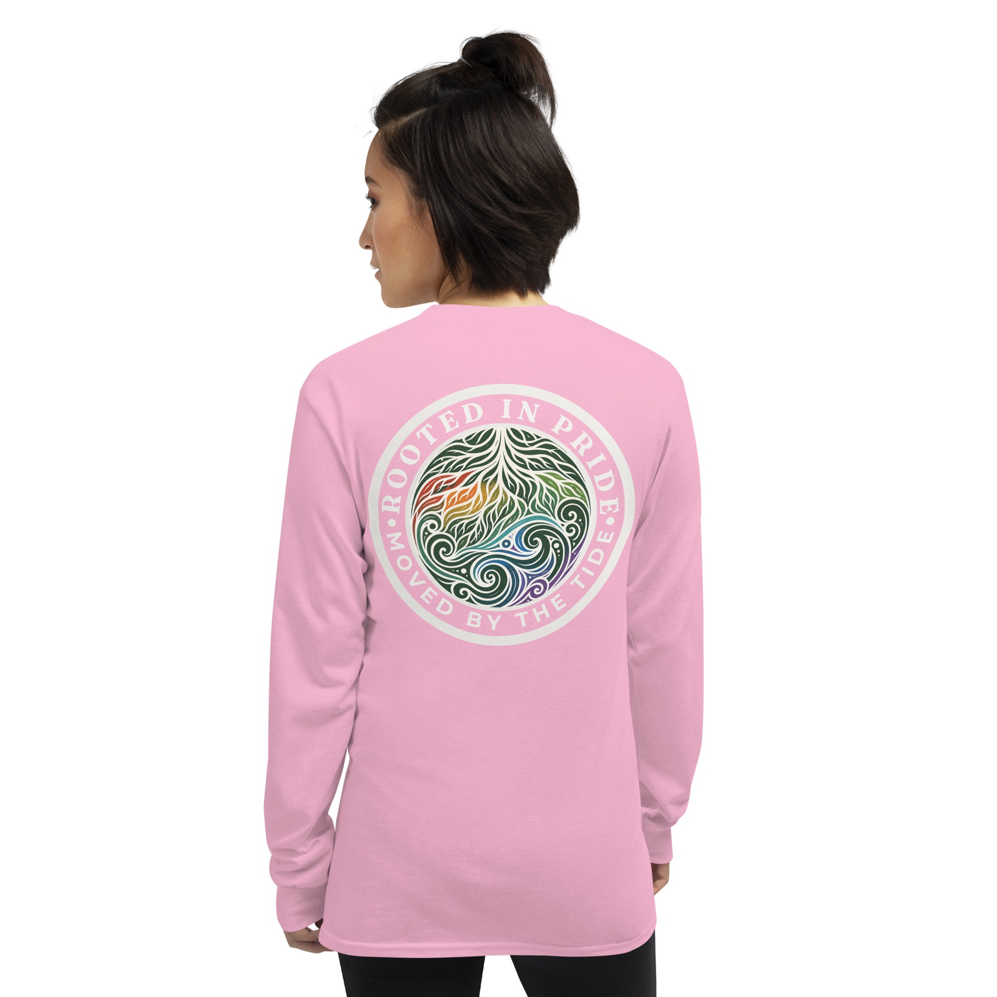 Moved by the Tide Long Sleeve Tee — light pink, back view, queer-owned PNW Pride apparel