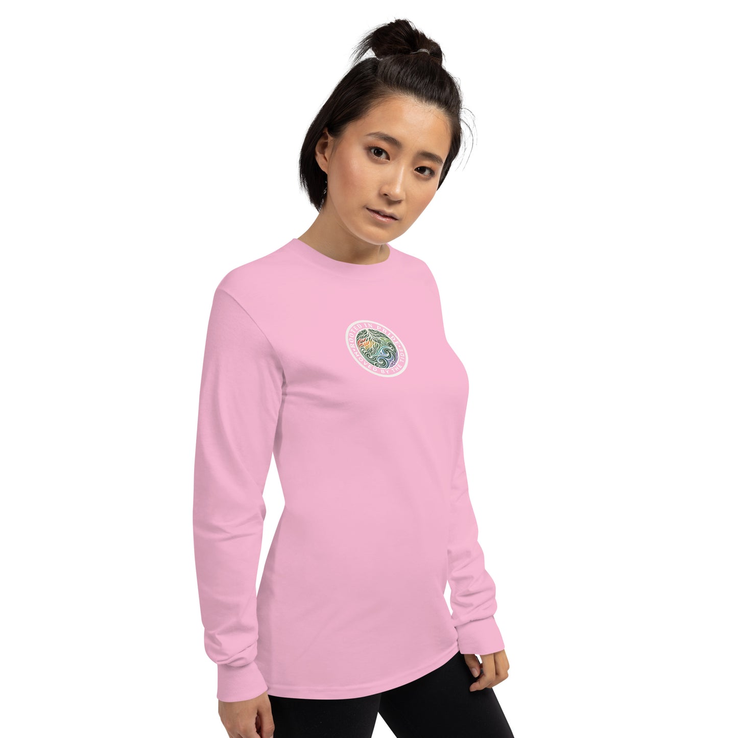 Moved by the Tide Long Sleeve Tee — light pink, right front view, queer-owned PNW Pride apparel