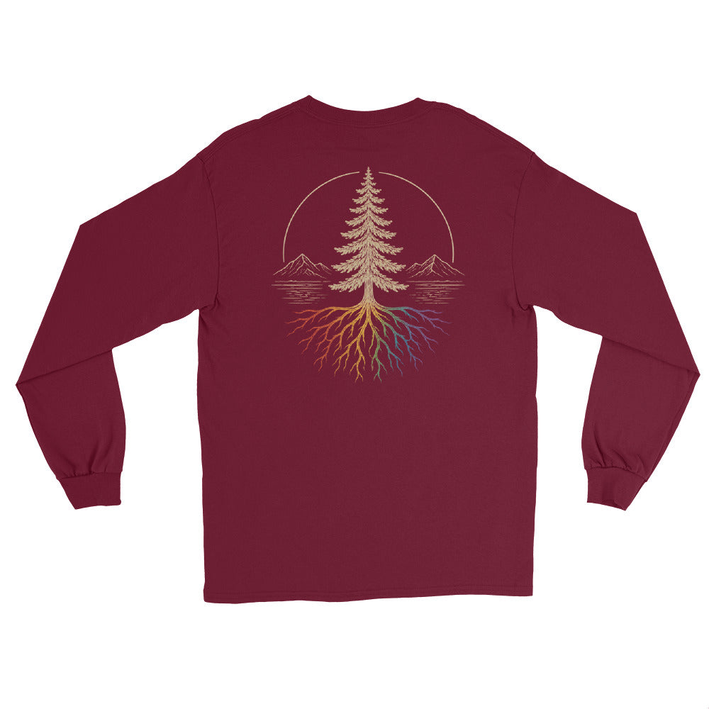 Beneath the Canopy Long Sleeve Tee — maroon, back view, queer-owned PNW Pride apparel