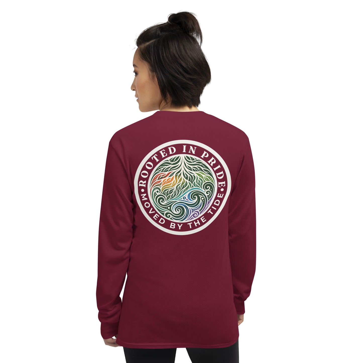 Moved by the Tide Long Sleeve Tee — maroon, back view, queer-owned PNW Pride apparel