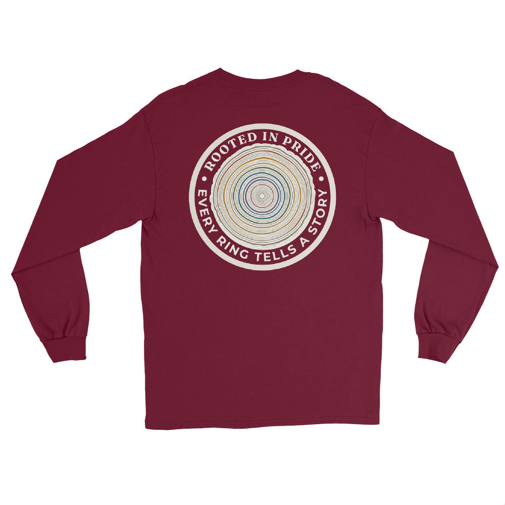 Quiet Rings Long Sleeve Tee — maroon, back view, queer-owned PNW Pride apparel