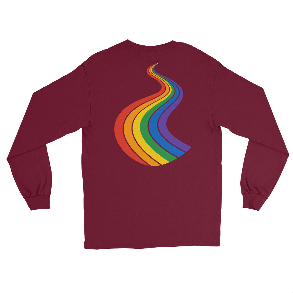ProudPath Long Sleeve Tee — maroon, back view, queer-owned PNW Pride apparel