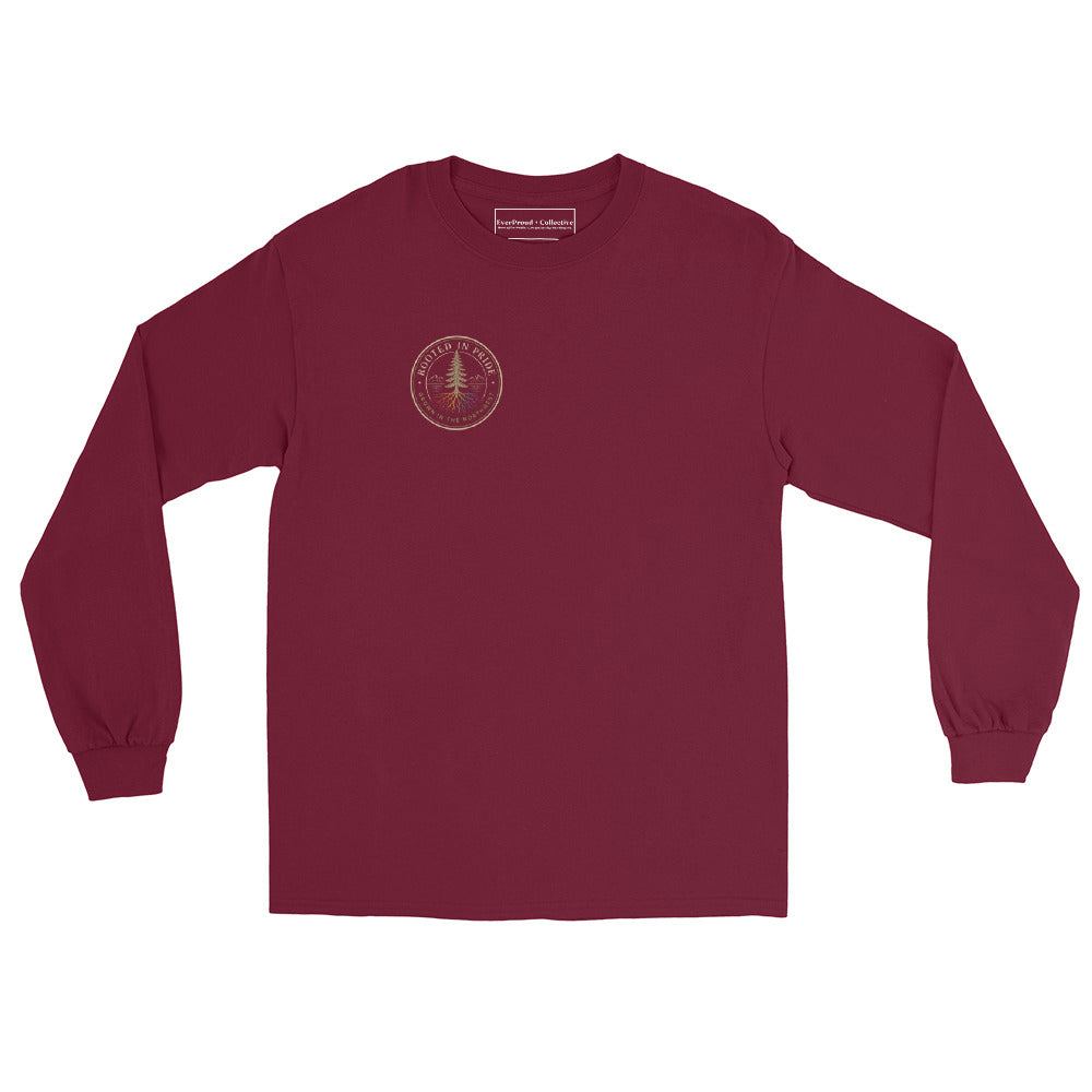 Beneath the Canopy Long Sleeve Tee — maroon, front view, queer-owned PNW Pride apparel