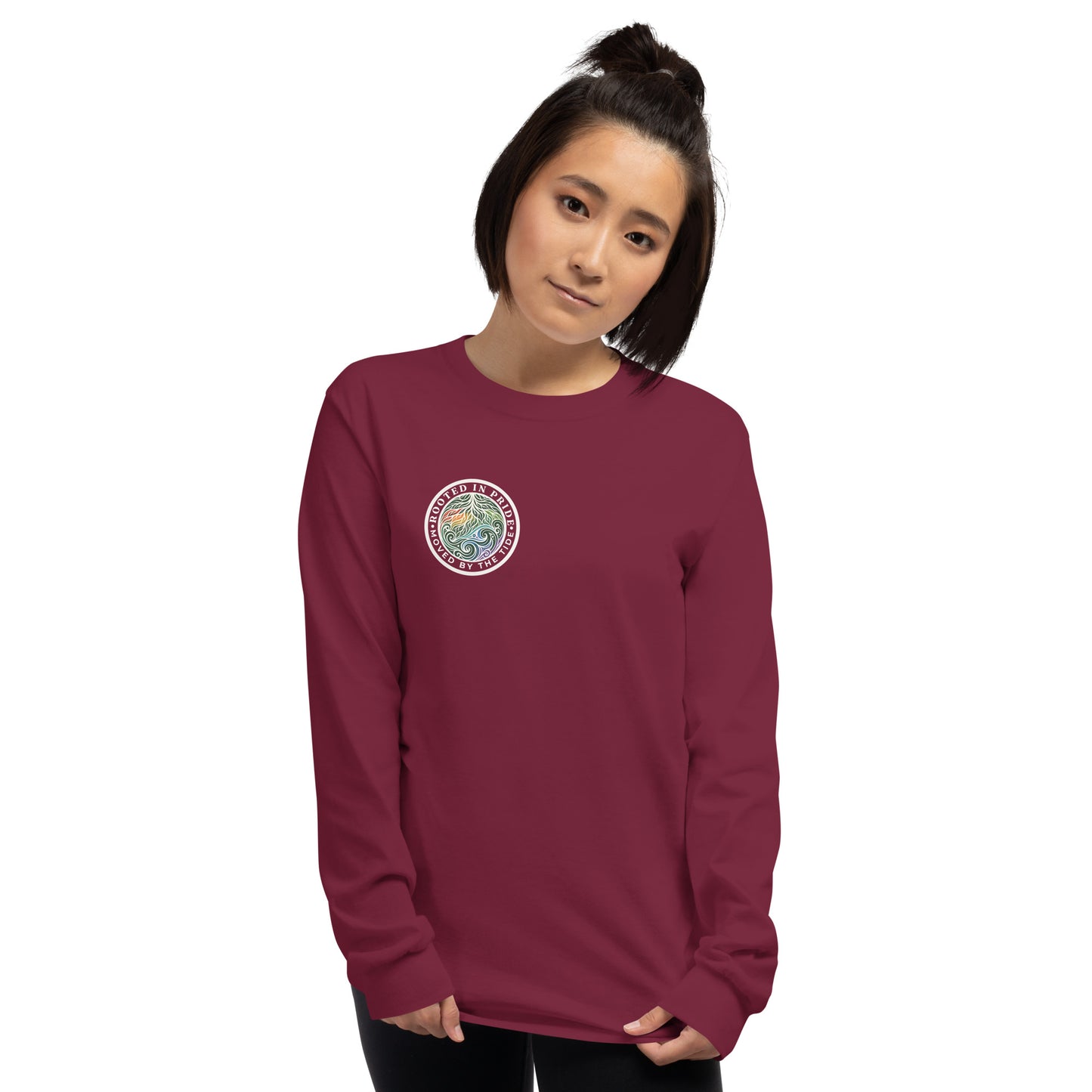 Moved by the Tide Long Sleeve Tee — maroon, front view, queer-owned PNW Pride apparel