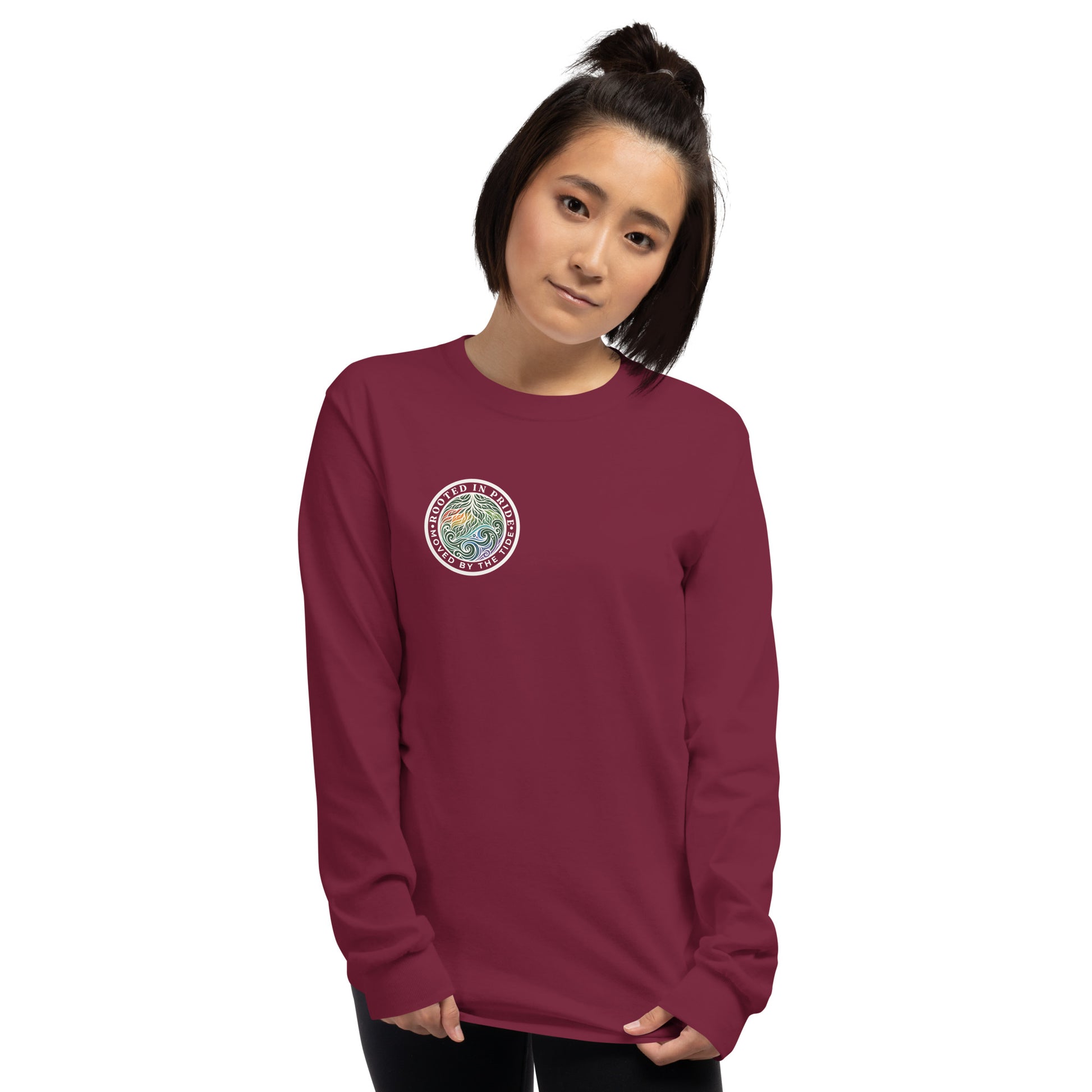Moved by the Tide Long Sleeve Tee — maroon, front view, queer-owned PNW Pride apparel