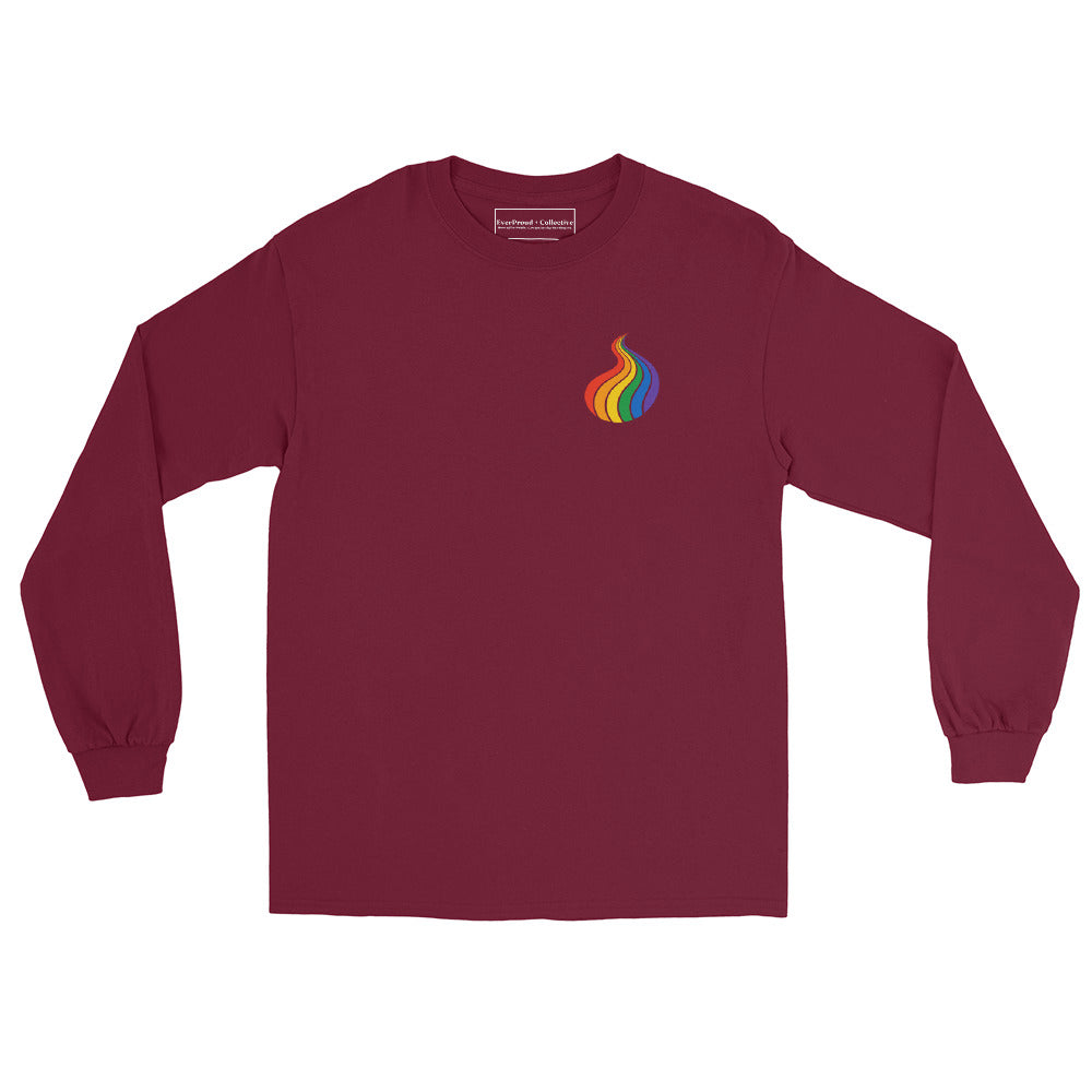 ProudPath Long Sleeve Tee — maroon, front view, queer-owned PNW Pride apparel