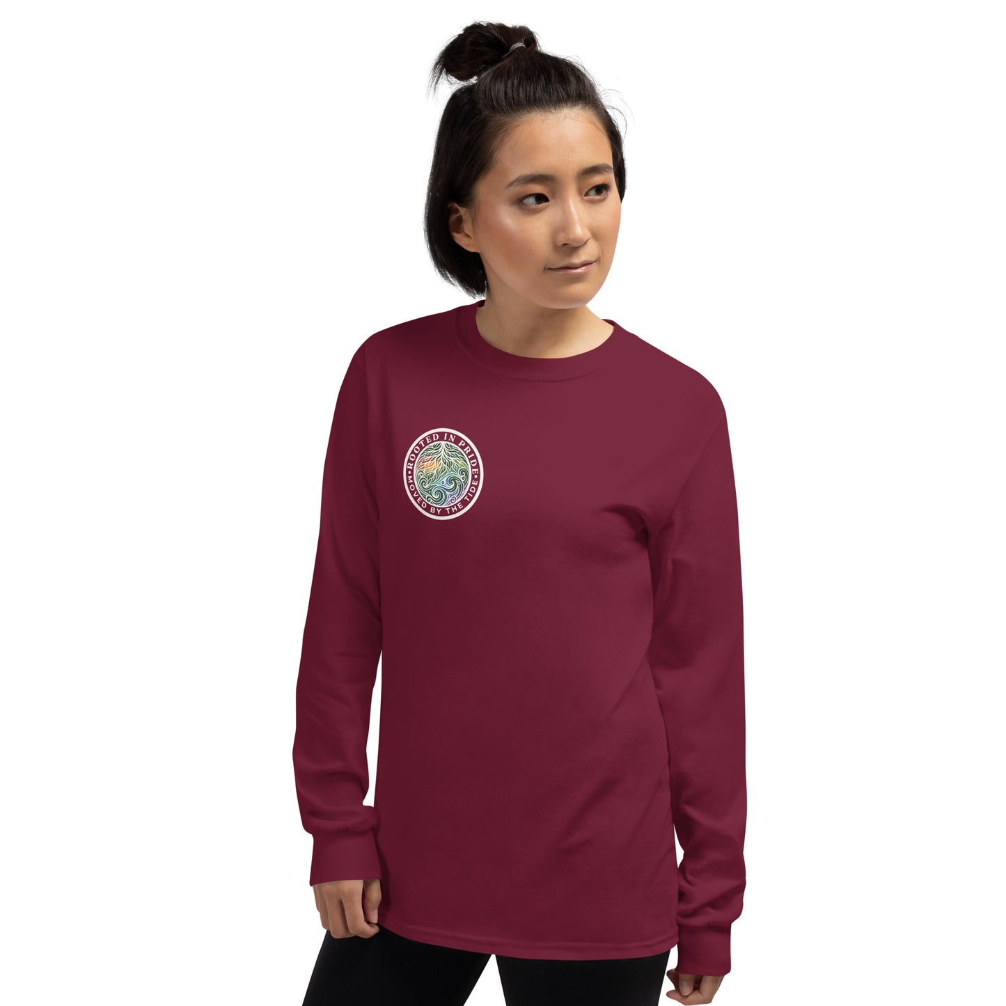 Moved by the Tide Long Sleeve Tee — maroon, left front view, queer-owned PNW Pride apparel
