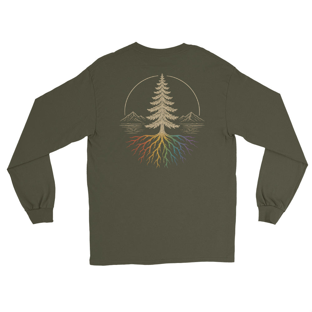 Beneath the Canopy Long Sleeve Tee — military green, back view, queer-owned PNW Pride apparel