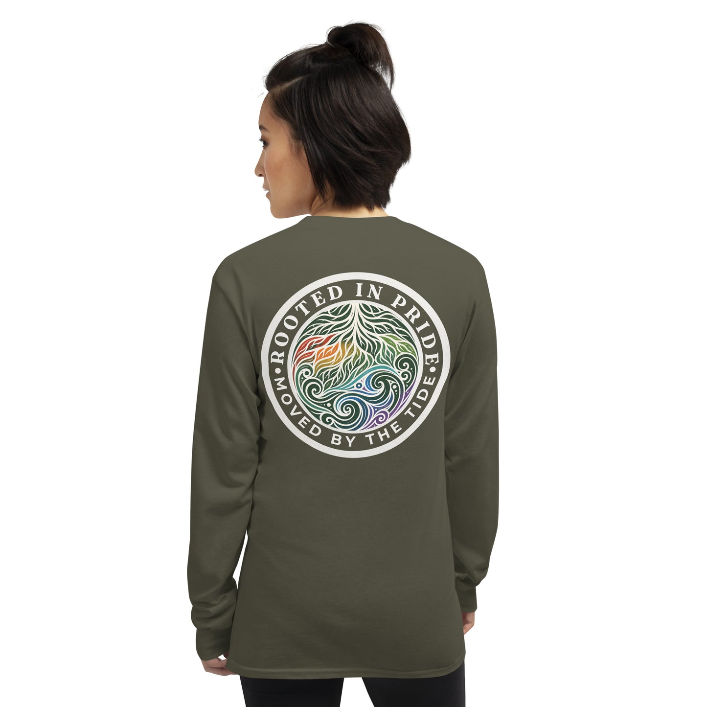 Moved by the Tide Long Sleeve Tee — military green, back view, queer-owned PNW Pride apparel