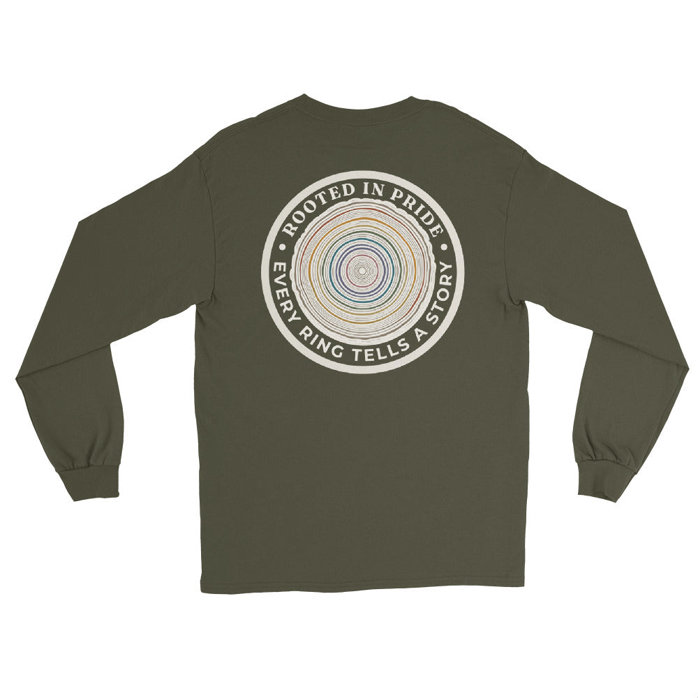 Quiet Rings Long Sleeve Tee — military green, back view, queer-owned PNW Pride apparel