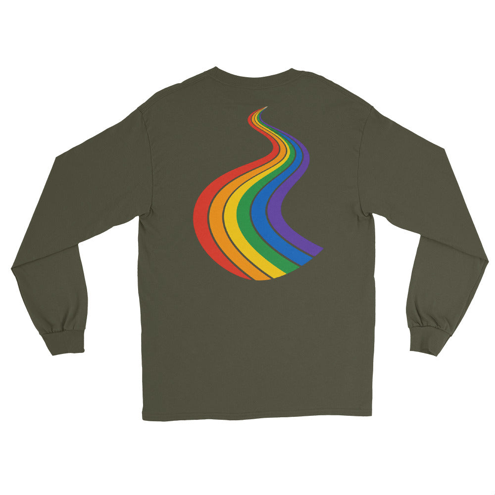 ProudPath Long Sleeve Tee — military green, back view, queer-owned PNW Pride apparel
