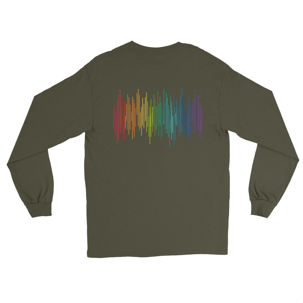 PrideFall Long Sleeve Tee — military green, back view, queer-owned PNW Pride apparel