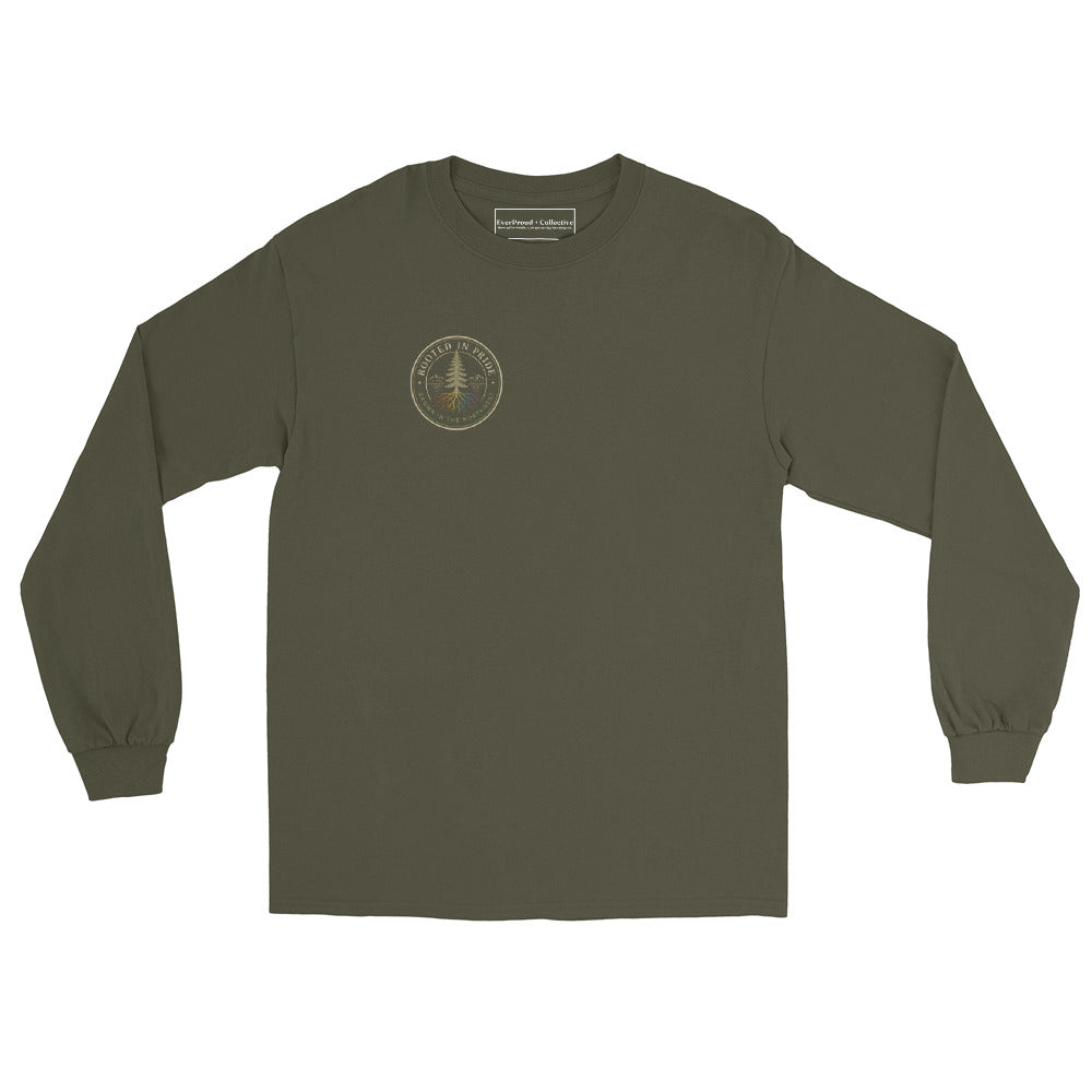 Beneath the Canopy Long Sleeve Tee — military green, front view, queer-owned PNW Pride apparel