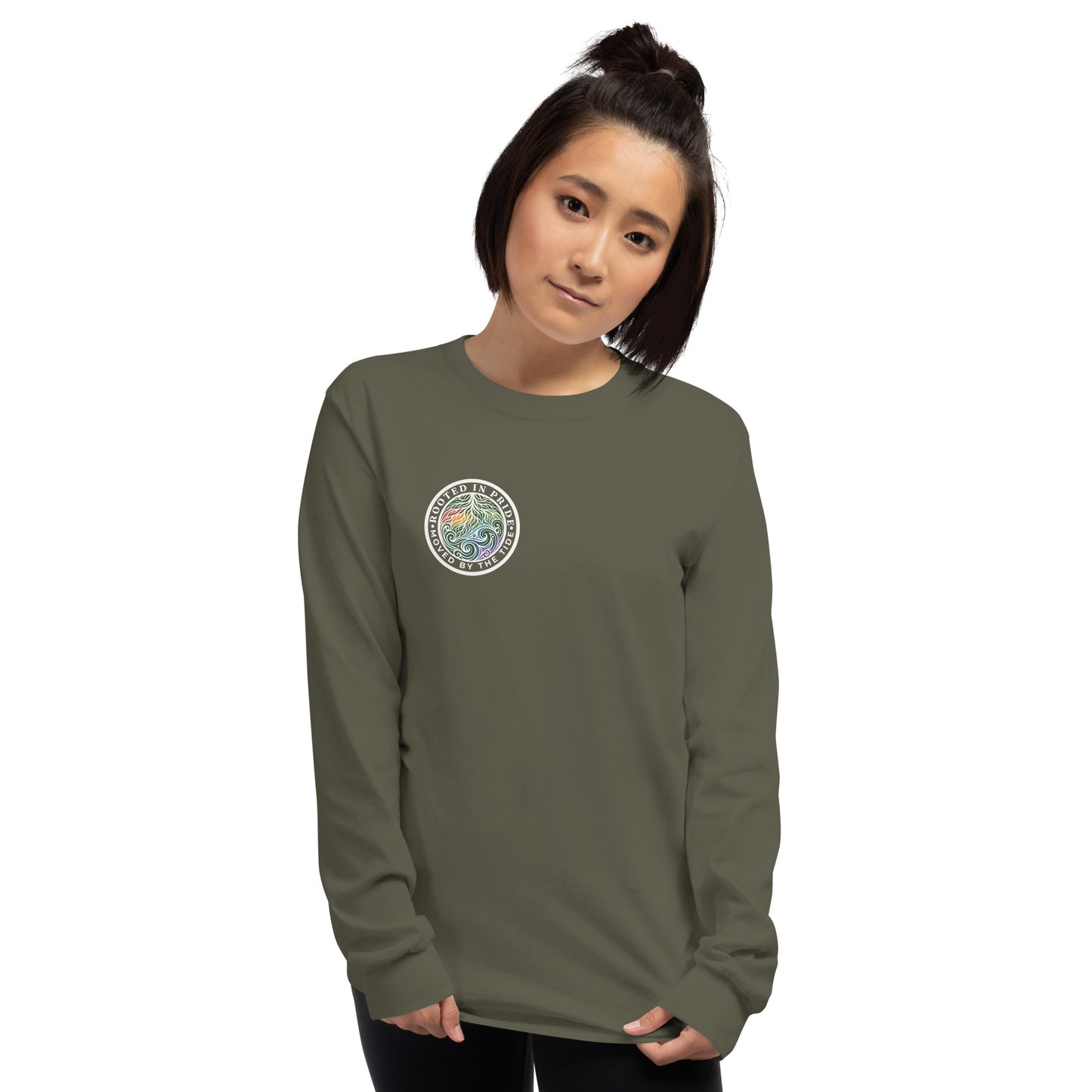 Moved by the Tide Long Sleeve Tee — military green, front view, queer-owned PNW Pride apparel