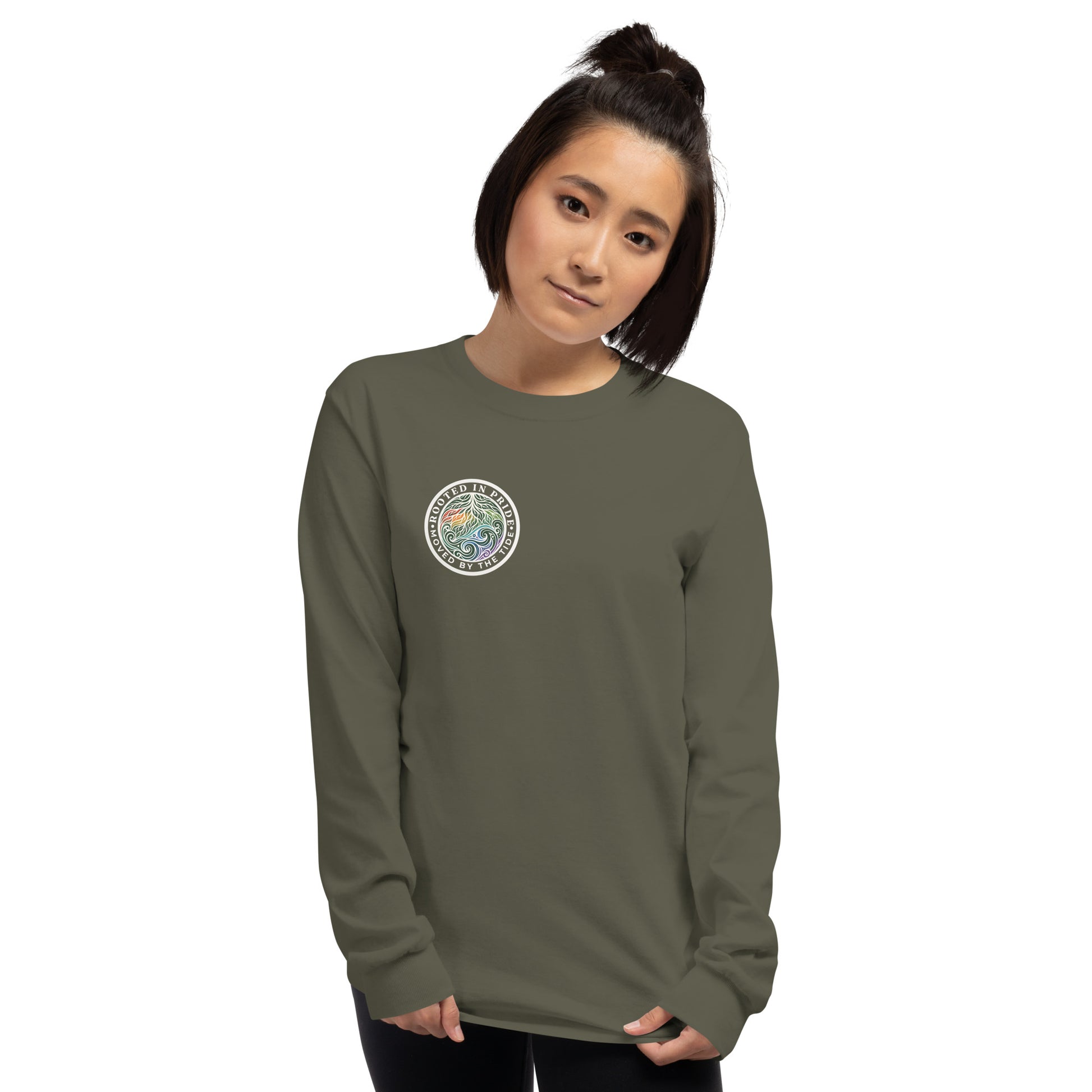 Moved by the Tide Long Sleeve Tee — military green, front view, queer-owned PNW Pride apparel