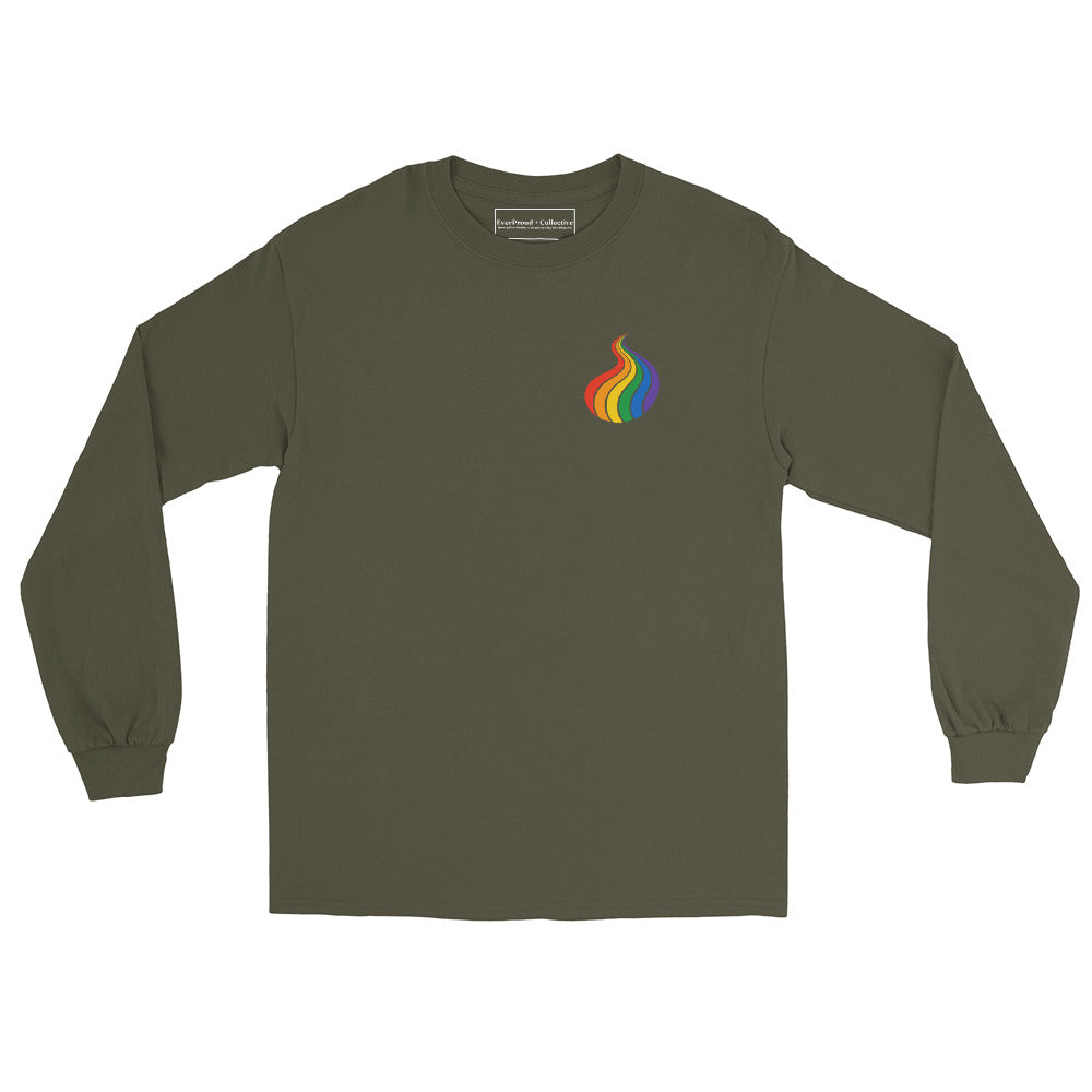 ProudPath Long Sleeve Tee — military green, front view, queer-owned PNW Pride apparel