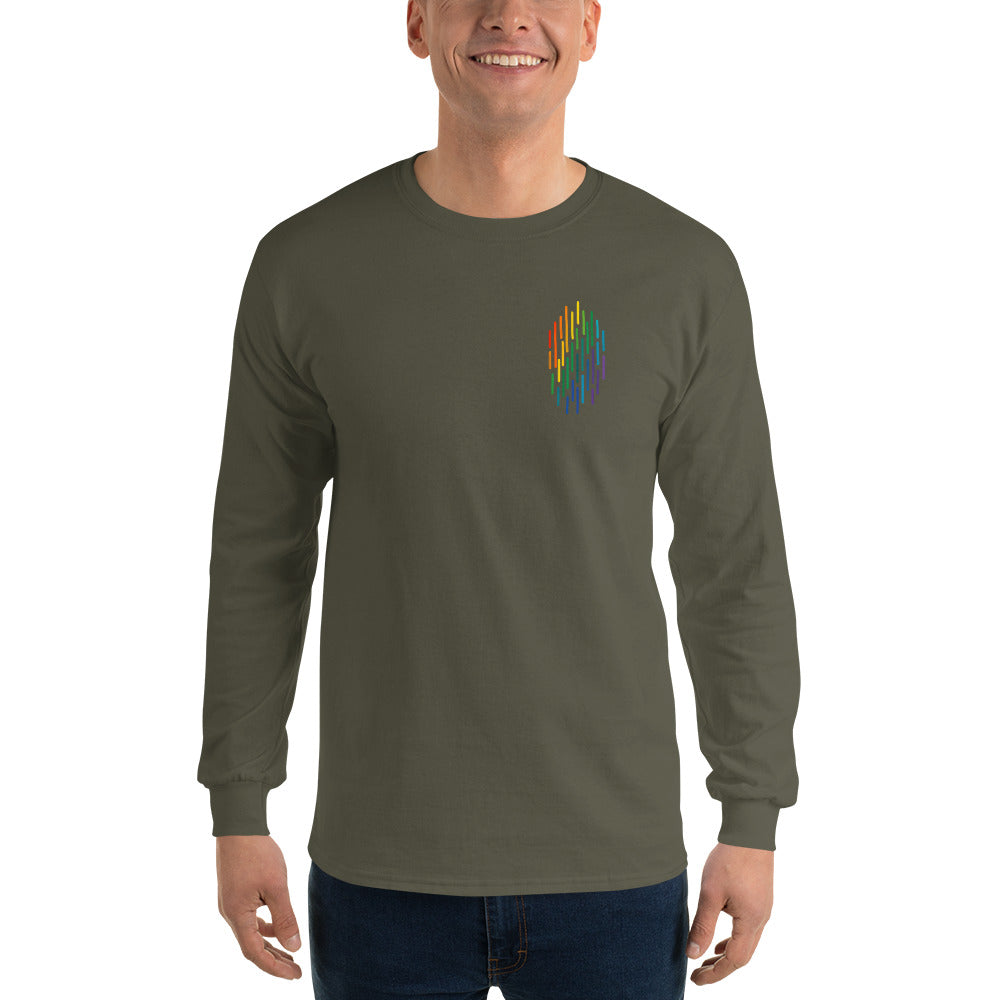 PrideFall Long Sleeve Tee — military green, front view, queer-owned PNW Pride apparel