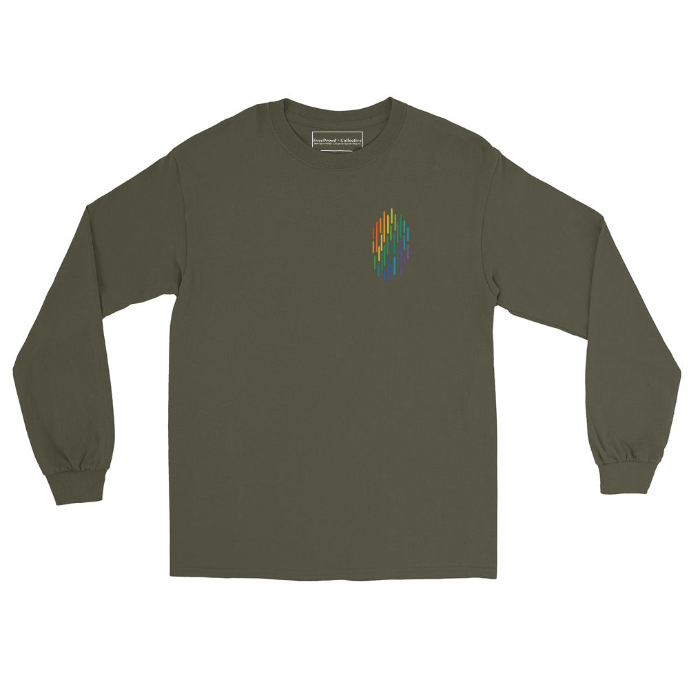 PrideFall Long Sleeve Tee — military green, front view, queer-owned PNW Pride apparel