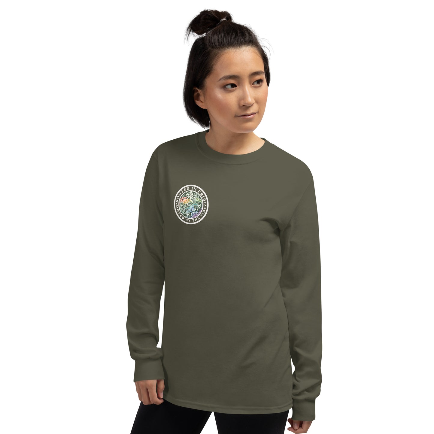 Moved by the Tide Long Sleeve Tee — military green, left front view, queer-owned PNW Pride apparel