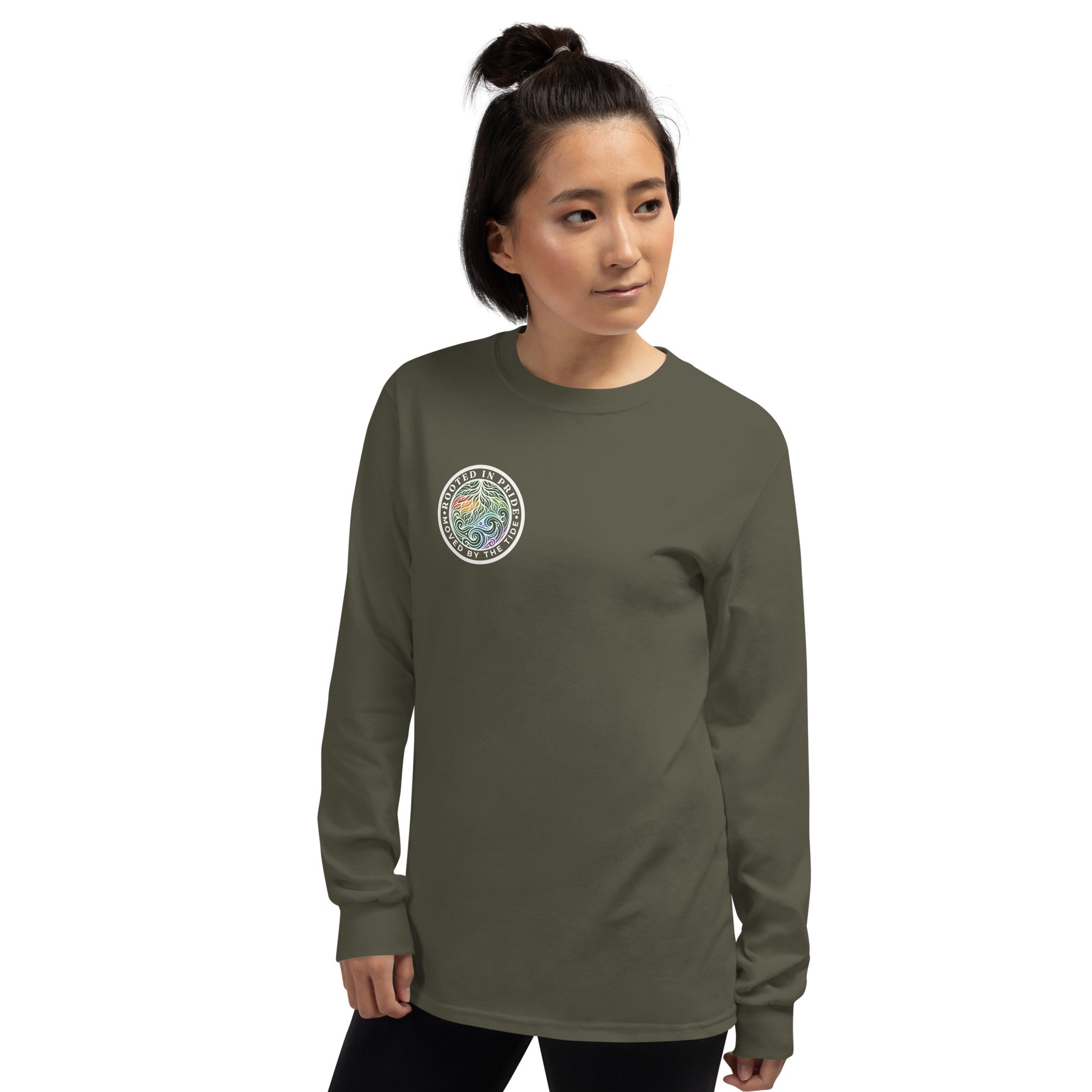 Moved by the Tide Long Sleeve Tee — military green, left front view, queer-owned PNW Pride apparel