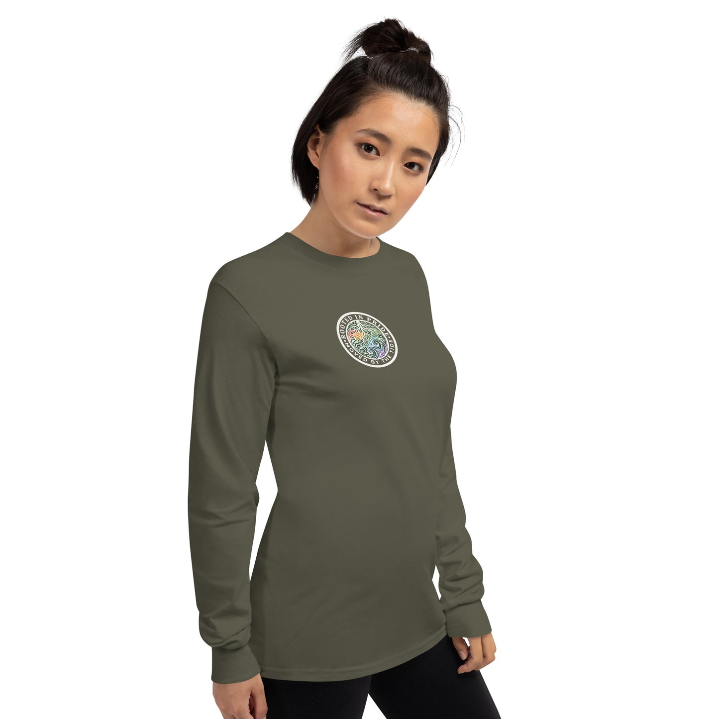 Moved by the Tide Long Sleeve Tee — military green, right front view, queer-owned PNW Pride apparel
