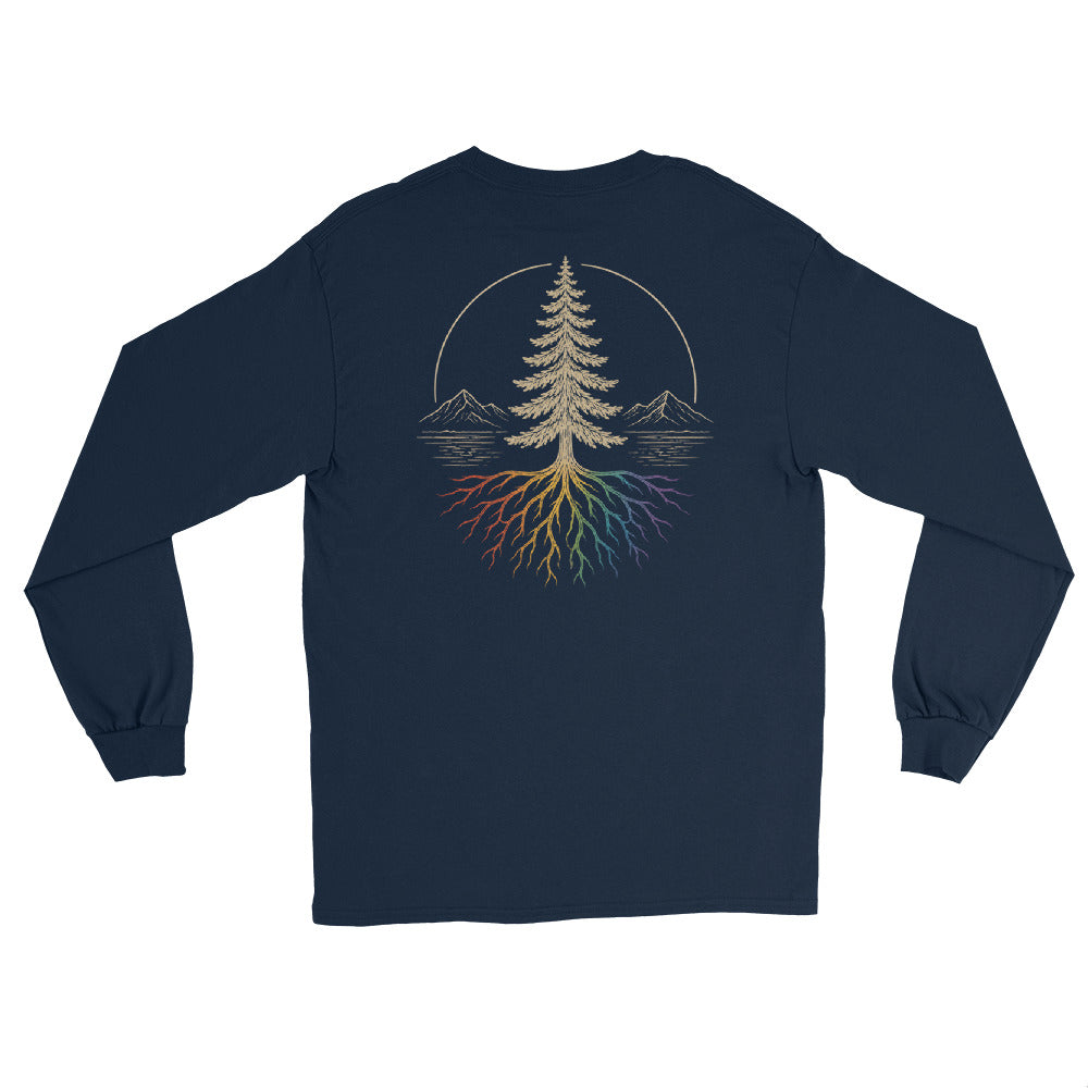 Beneath the Canopy Long Sleeve Tee — navy, back view, queer-owned PNW Pride apparel