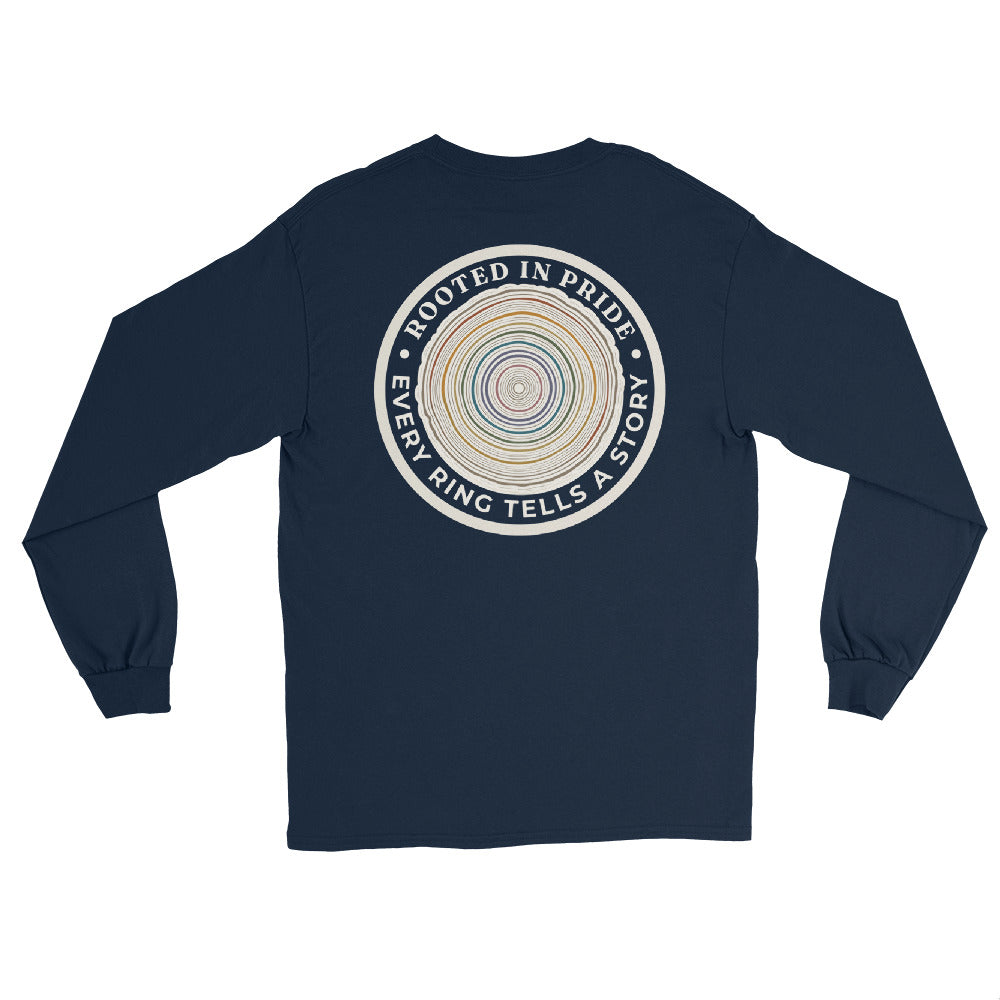Quiet Rings Long Sleeve Tee — navy, back view, queer-owned PNW Pride apparel
