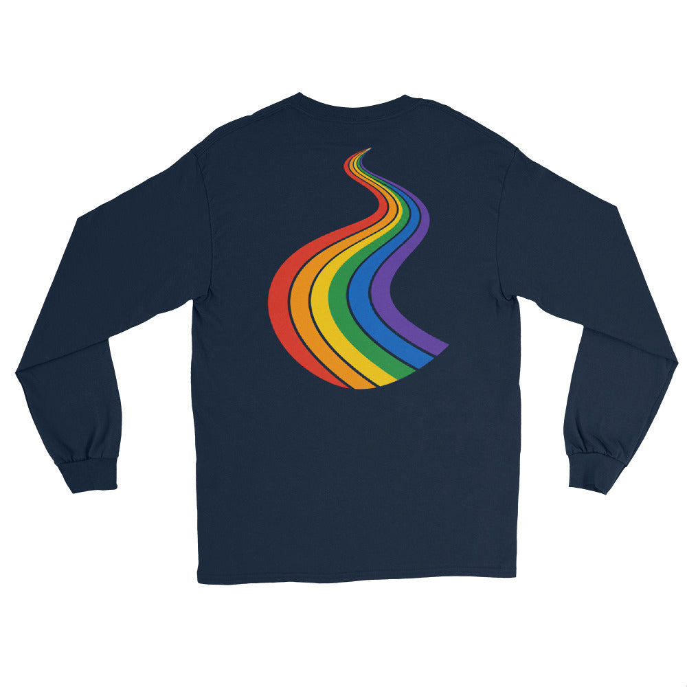 ProudPath Long Sleeve Tee — navy, back view, queer-owned PNW Pride apparel
