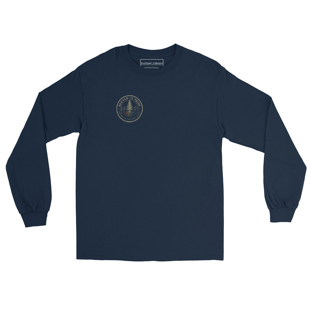 Beneath the Canopy Long Sleeve Tee — navy, front view, queer-owned PNW Pride apparel