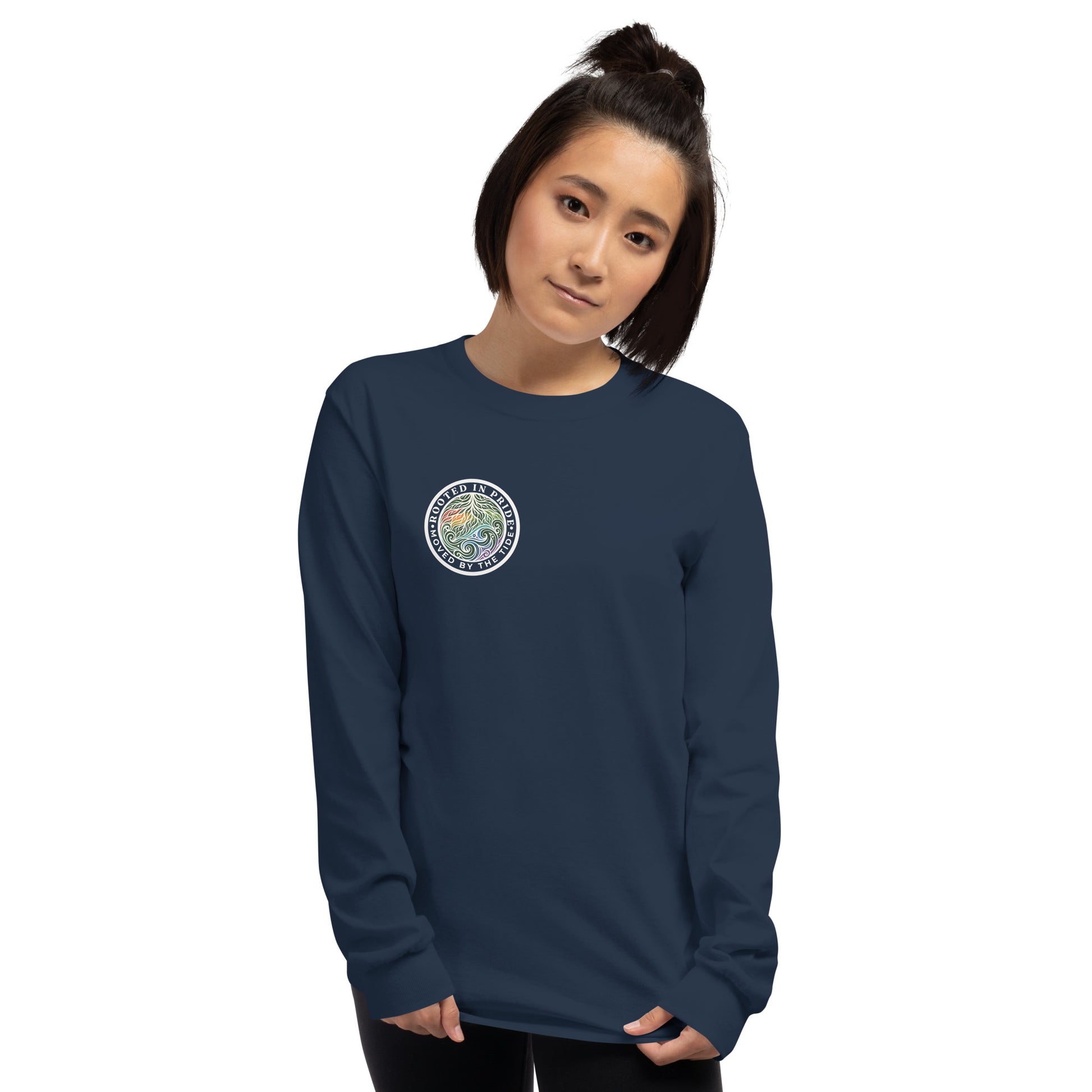 Moved by the Tide Long Sleeve Tee — navy, front view, queer-owned PNW Pride apparel
