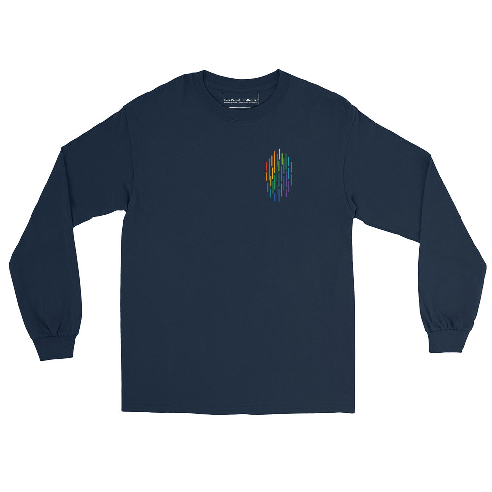 PrideFall Long Sleeve Tee — navy, front view, queer-owned PNW Pride apparel