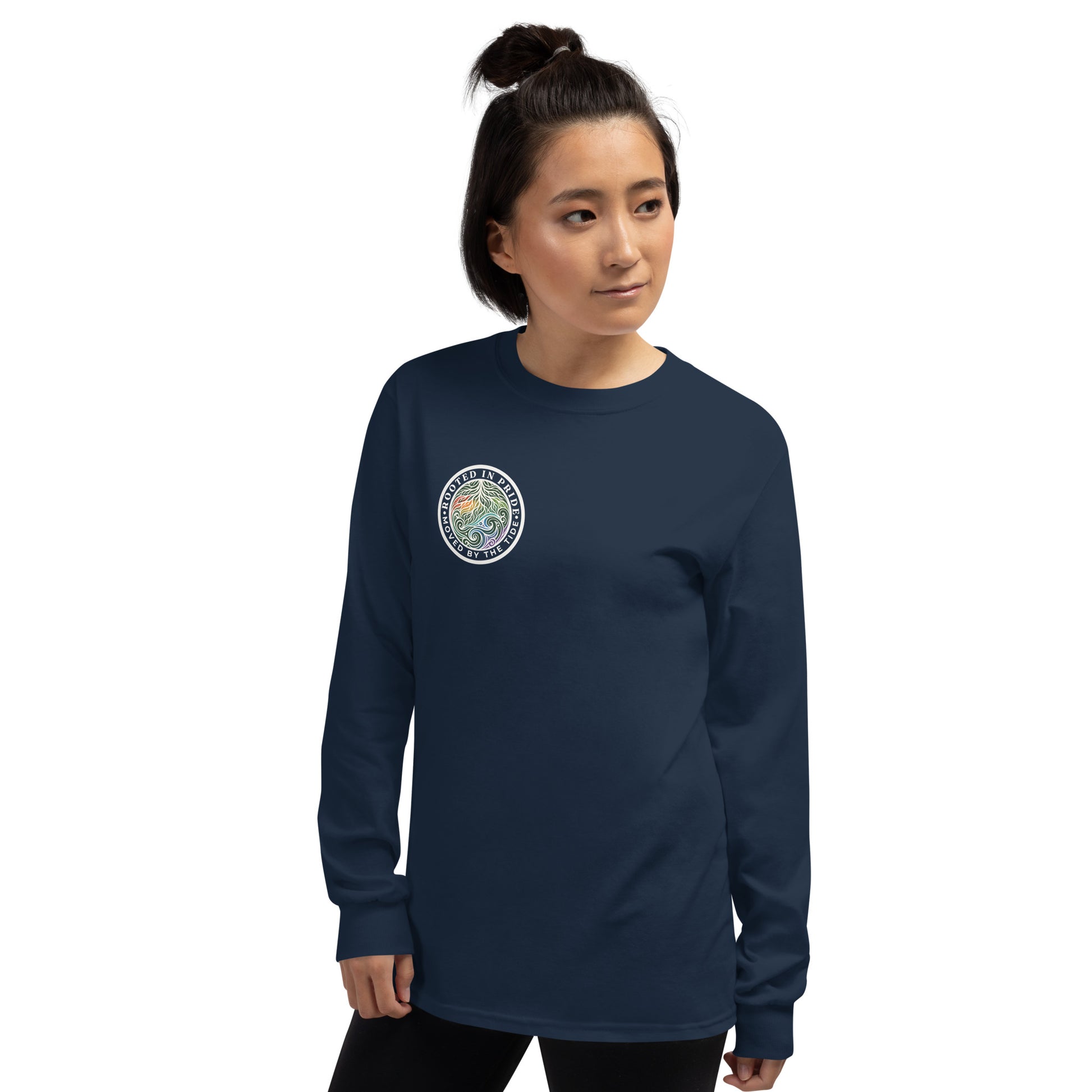 Moved by the Tide Long Sleeve Tee — navy, left front view, queer-owned PNW Pride apparel