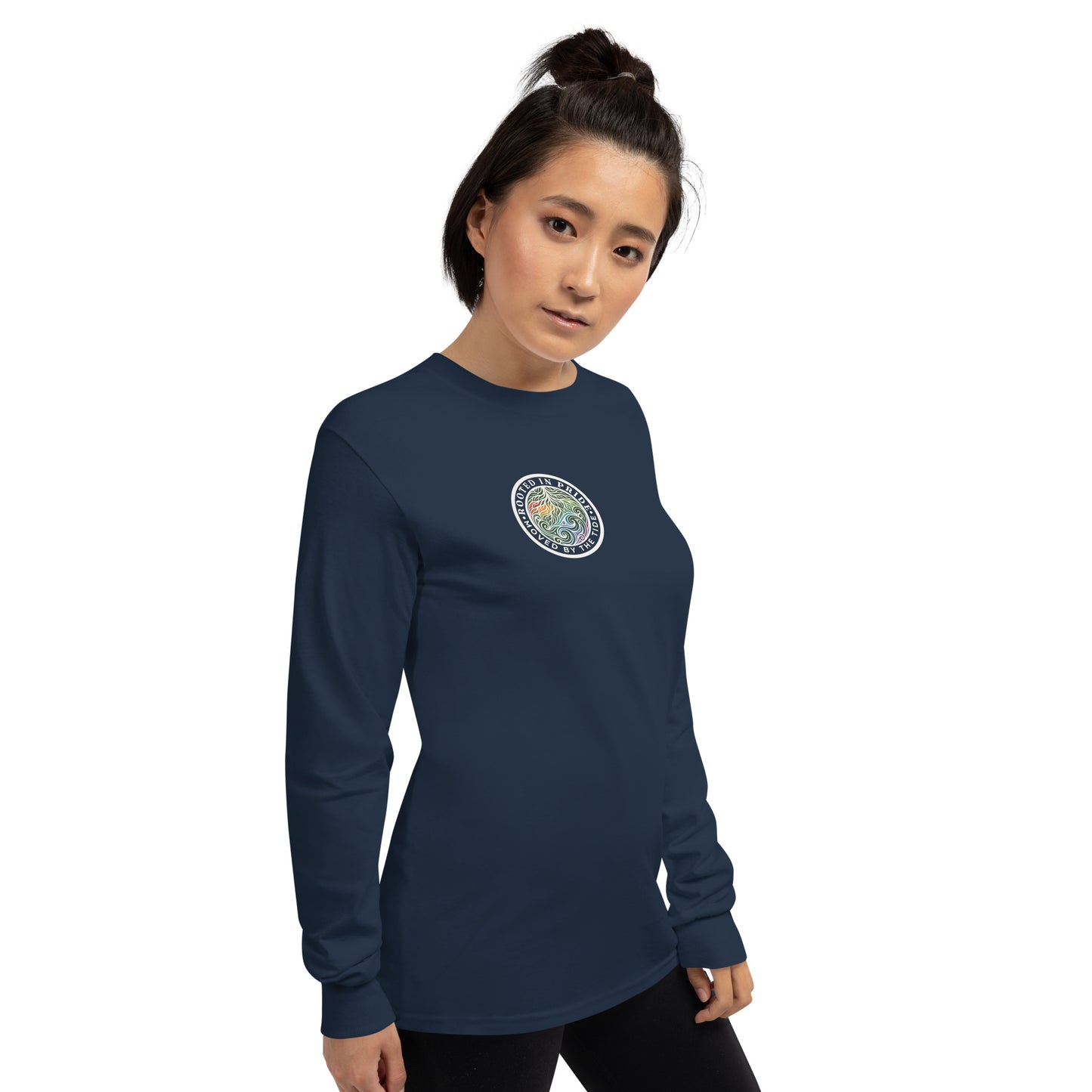 Moved by the Tide Long Sleeve Tee — navy, right front view, queer-owned PNW Pride apparel