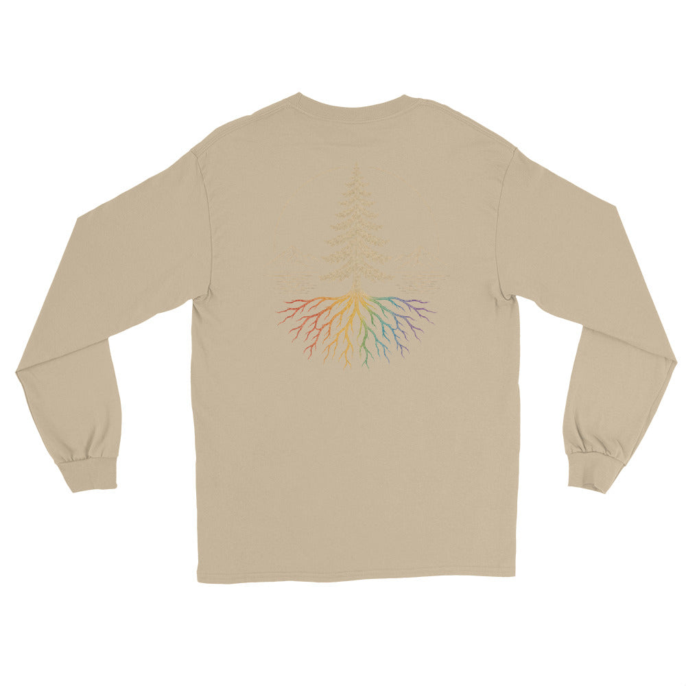 Beneath the Canopy Long Sleeve Tee — sand, back view, queer-owned PNW Pride apparel