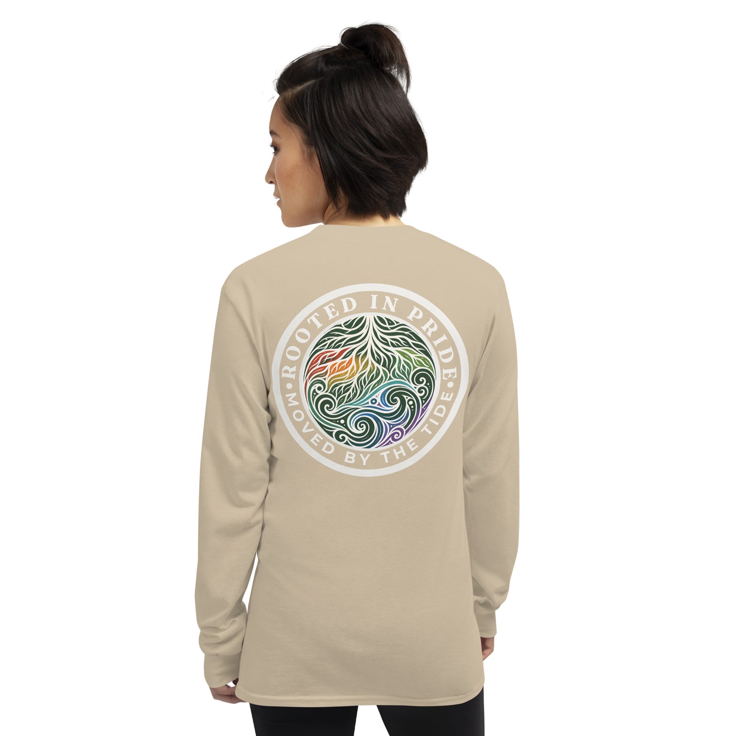 Moved by the Tide Long Sleeve Tee — sand, back view, queer-owned PNW Pride apparel