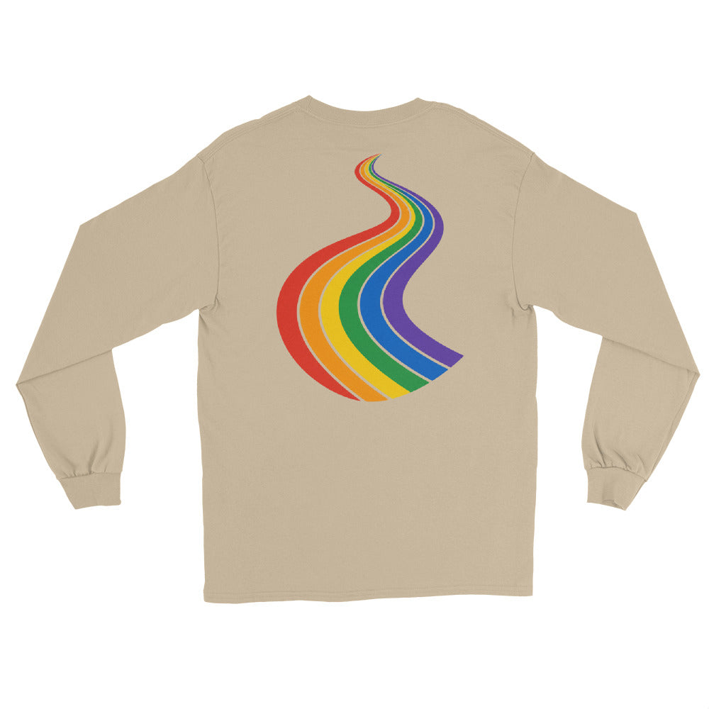 ProudPath Long Sleeve Tee — sand, back view, queer-owned PNW Pride apparel