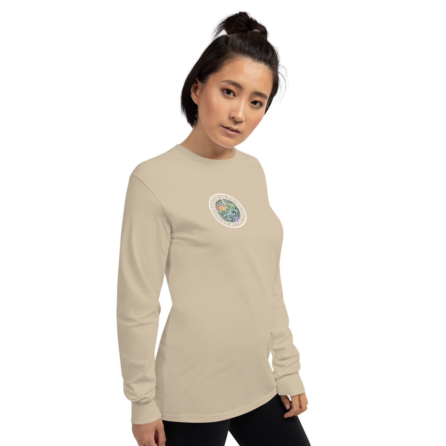 Moved by the Tide Long Sleeve Tee — sand, right front view, queer-owned PNW Pride apparel