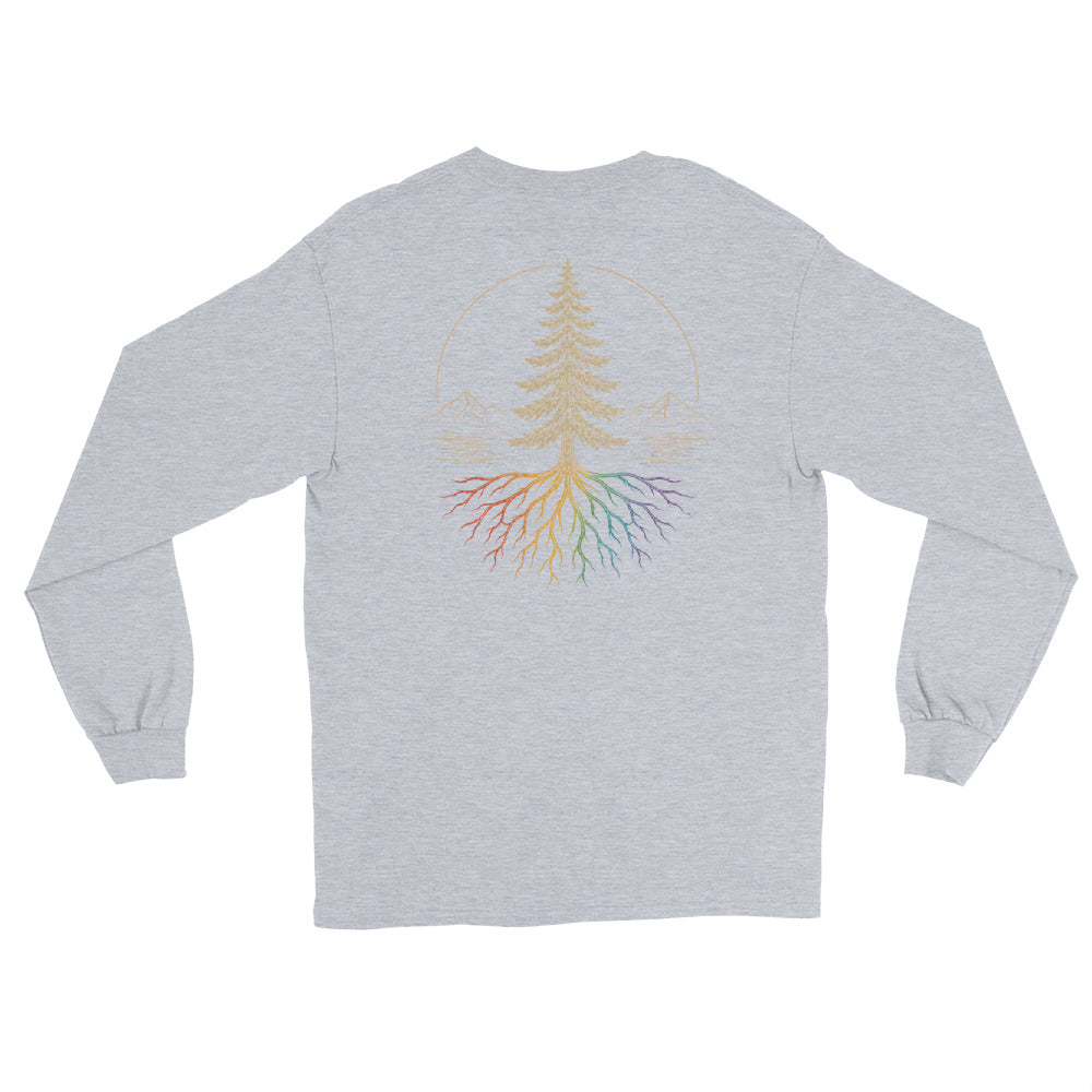 Beneath the Canopy Long Sleeve Tee — sport grey, back view, queer-owned PNW Pride apparel