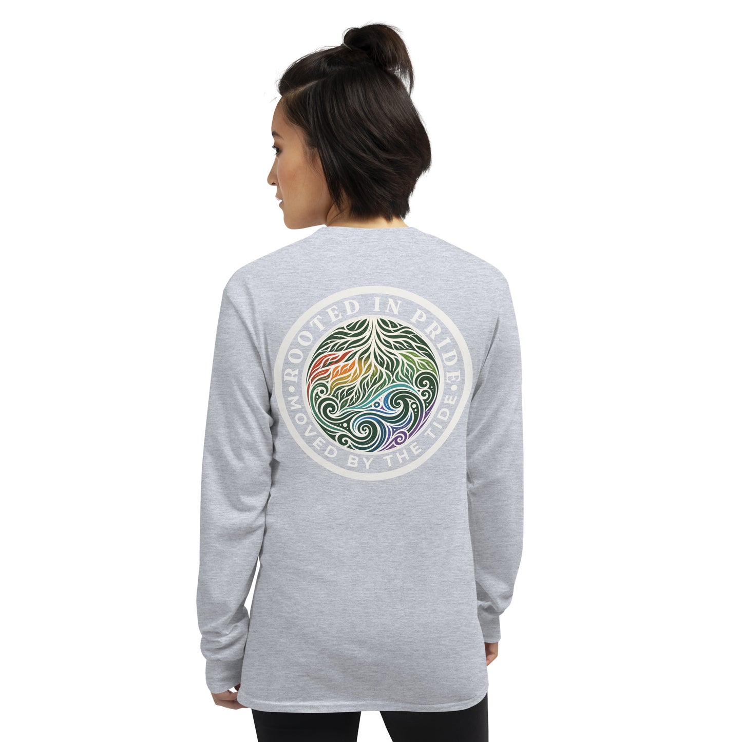 Moved by the Tide Long Sleeve Tee — sport grey, back view, queer-owned PNW Pride apparel