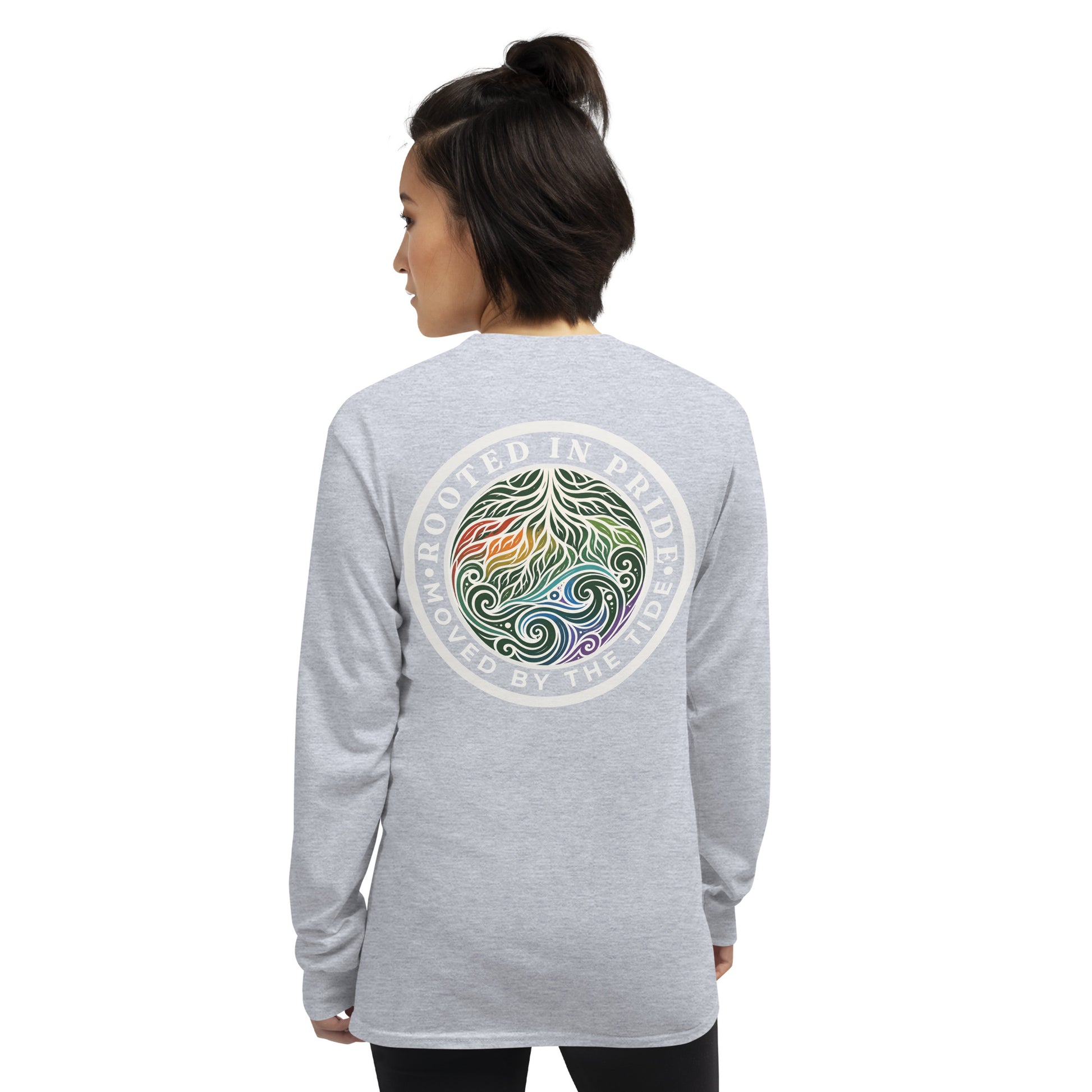 Moved by the Tide Long Sleeve Tee — sport grey, back view, queer-owned PNW Pride apparel