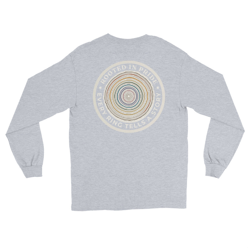Quiet Rings Long Sleeve Tee — sport grey, back view, queer-owned PNW Pride apparel
