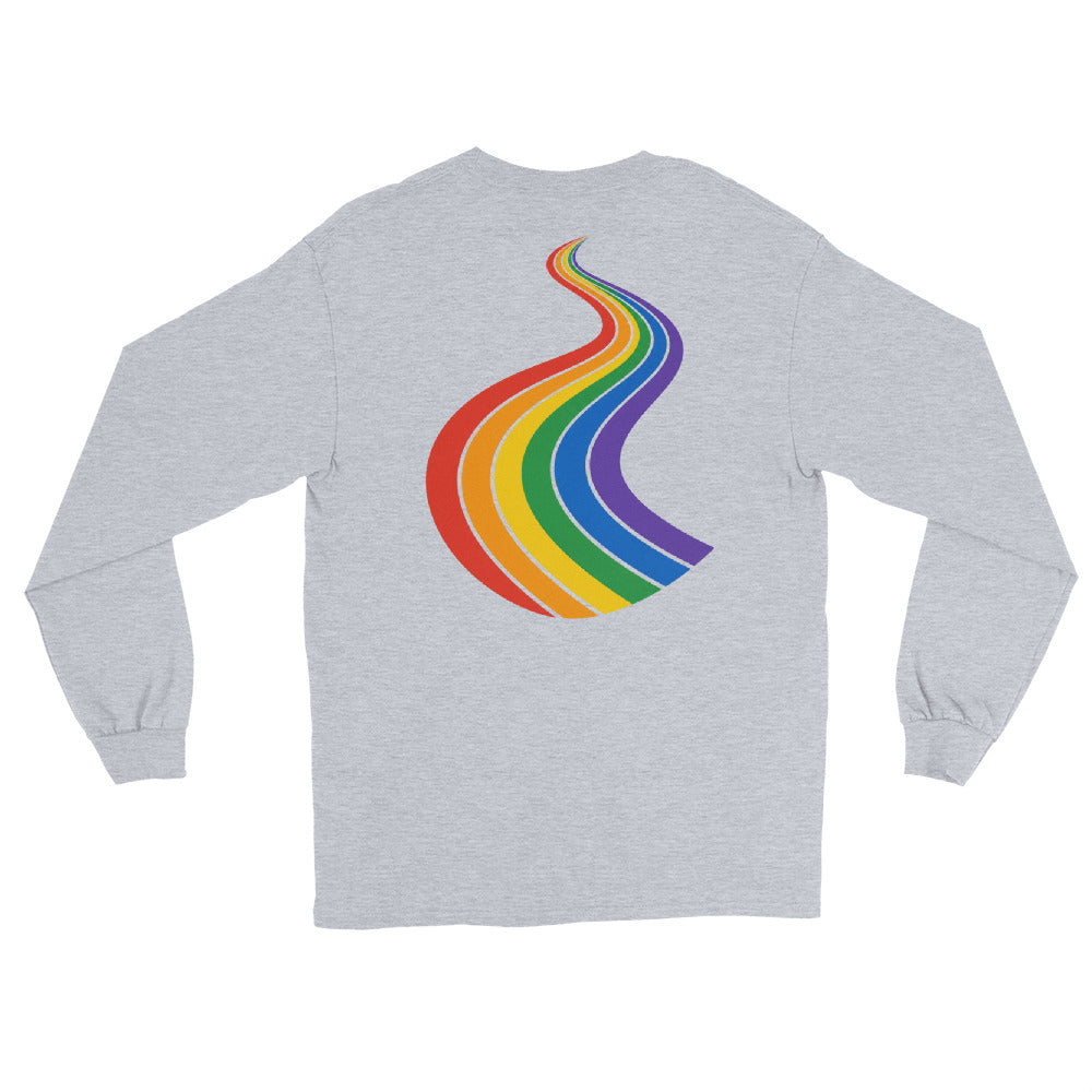 ProudPath Long Sleeve Tee — sport grey, back view, queer-owned PNW Pride apparel