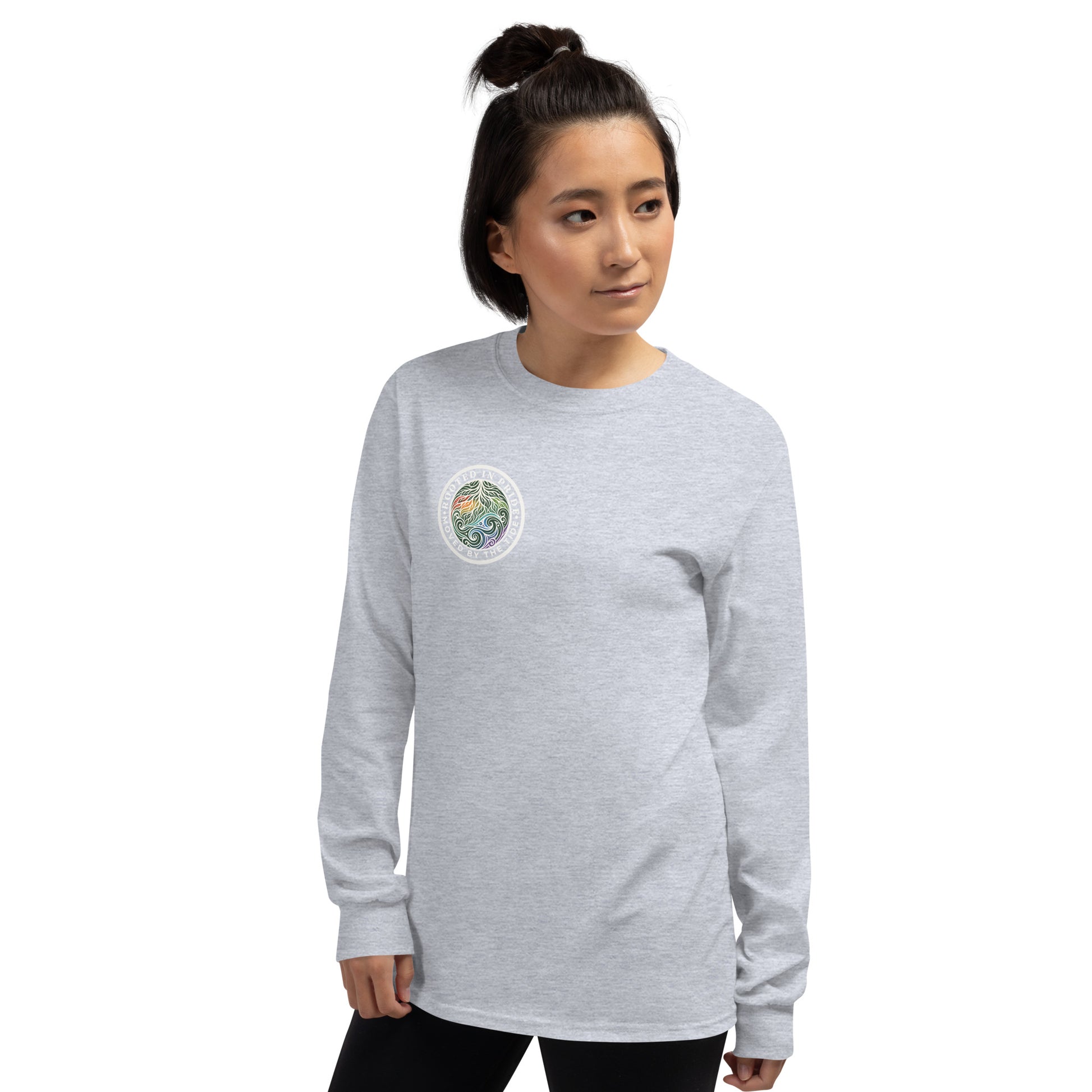 Moved by the Tide Long Sleeve Tee — sport grey, left front view, queer-owned PNW Pride apparel