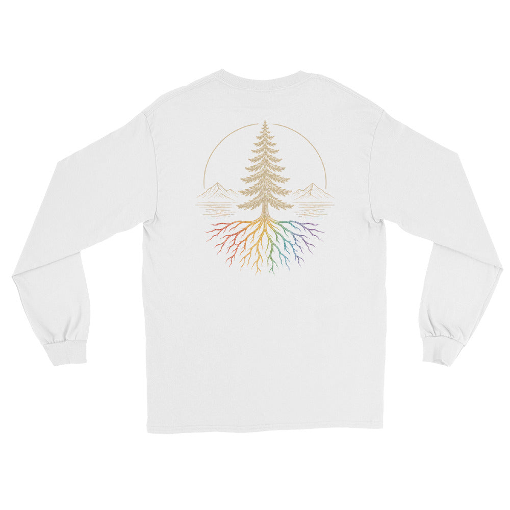 Beneath the Canopy Long Sleeve Tee — white, back view, queer-owned PNW Pride apparel