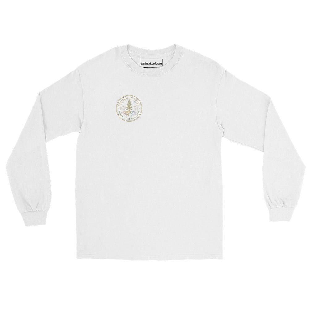 Beneath the Canopy Long Sleeve Tee — white, front view, queer-owned PNW Pride apparel