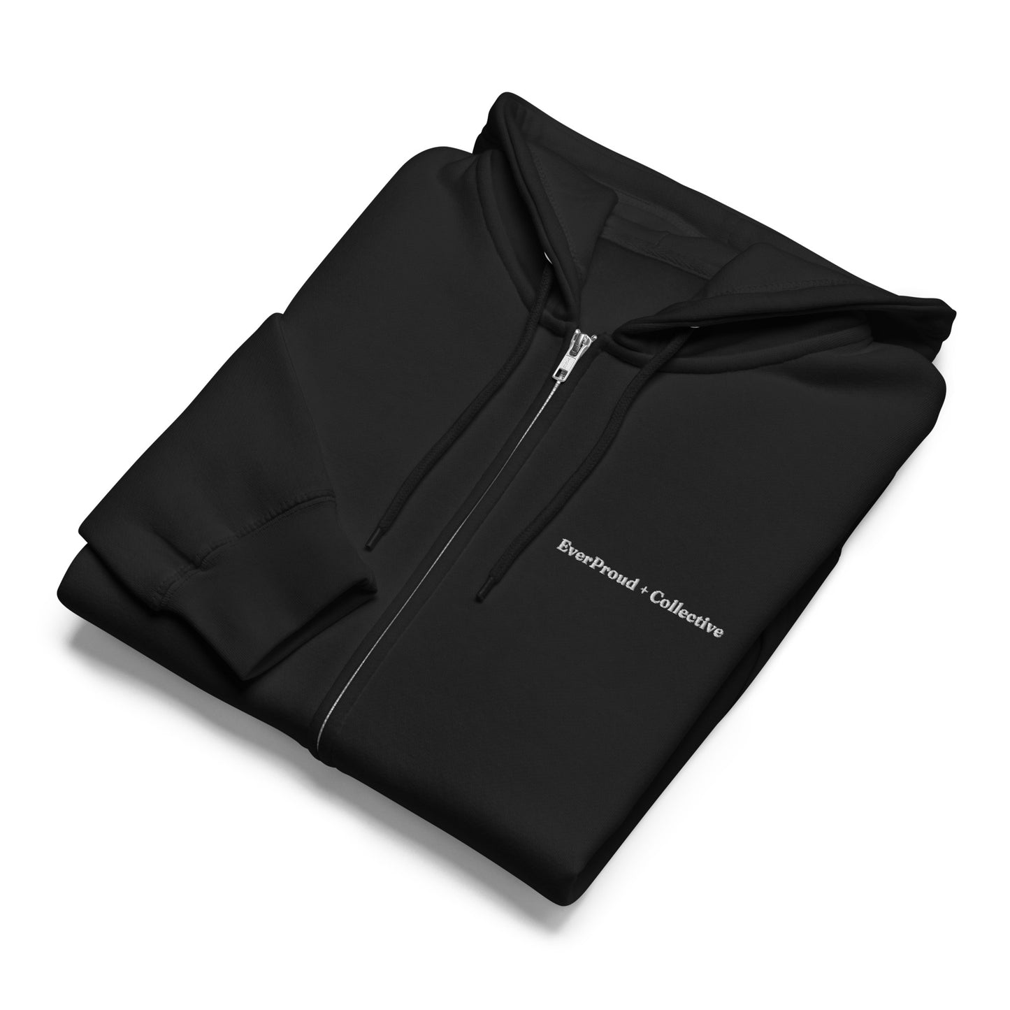 EverProud Logo Minimalist Zip Hoodie — black, front view, queer-owned PNW Pride apparel