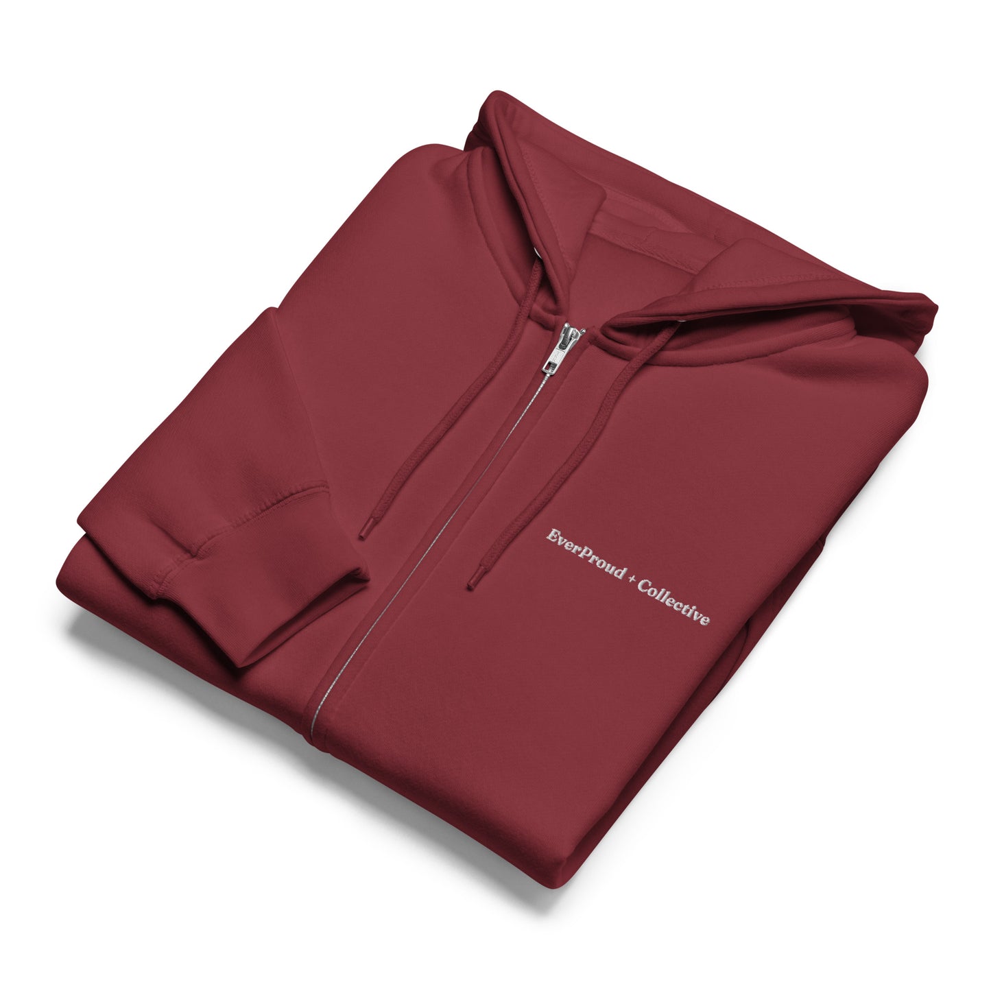 EverProud Logo Minimalist Zip Hoodie — burgundy, front view, queer-owned PNW Pride apparel