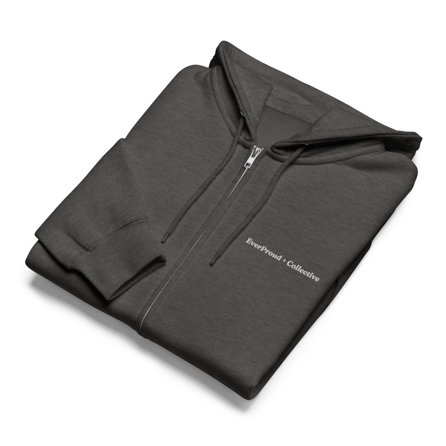 EverProud Logo Minimalist Zip Hoodie — charcoal heather, front view, queer-owned PNW Pride apparel